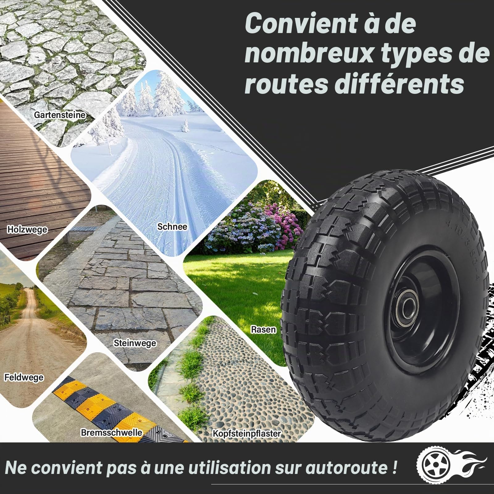 Roue Increvable 4.10/3.50-4 (x2) Alésage pour Axe 16mm - 250 x 90 mm – Capacité de Charge max. 180kg – Pour Diables, Brouettes, Chariots