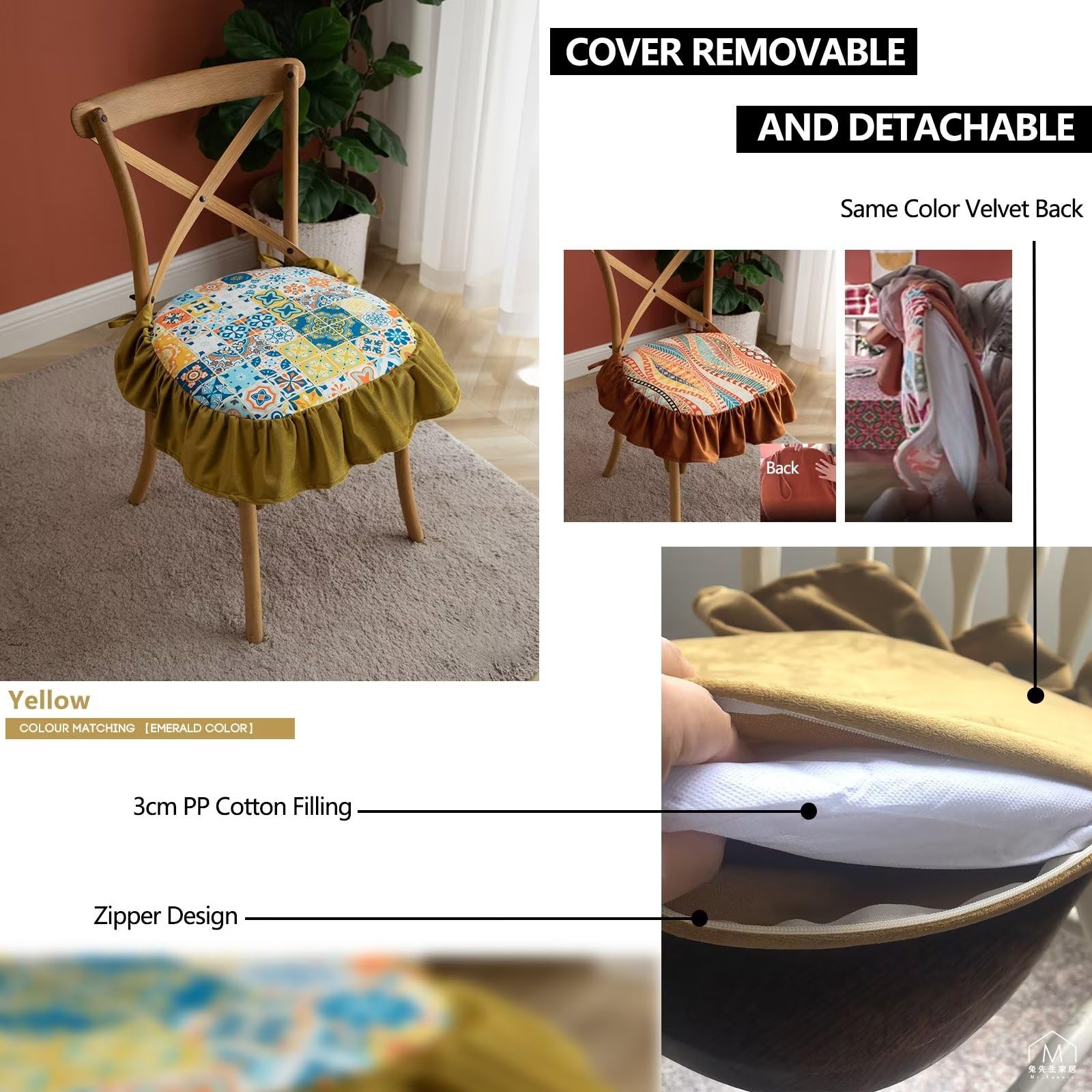 Cojines para sillas de comedor con faldón, almohadillas para sillas de comedor, paquete de 6 con lazos, cojín de asiento de 45 x 45 para sillas de cocina, funda lavable y extraíble, color morado