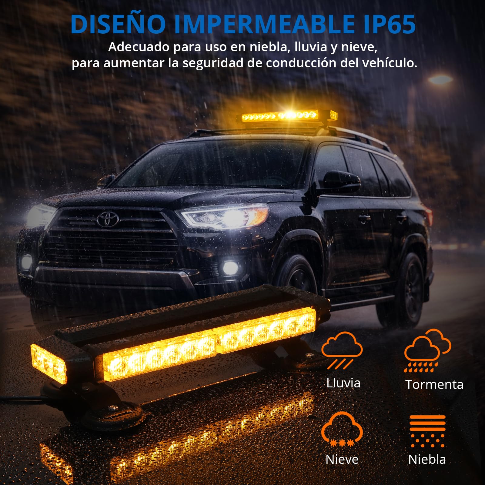 Luz Rotativa LED Magnética,Luz Estroboscópica Luz de Advertencia 12V/24V – 30 LED Ámbar con Cable 5 m, 7 Modos, Baliza Giratoria Impermeable IP65,Luz de Advertencia para Vehículos, Ámbar