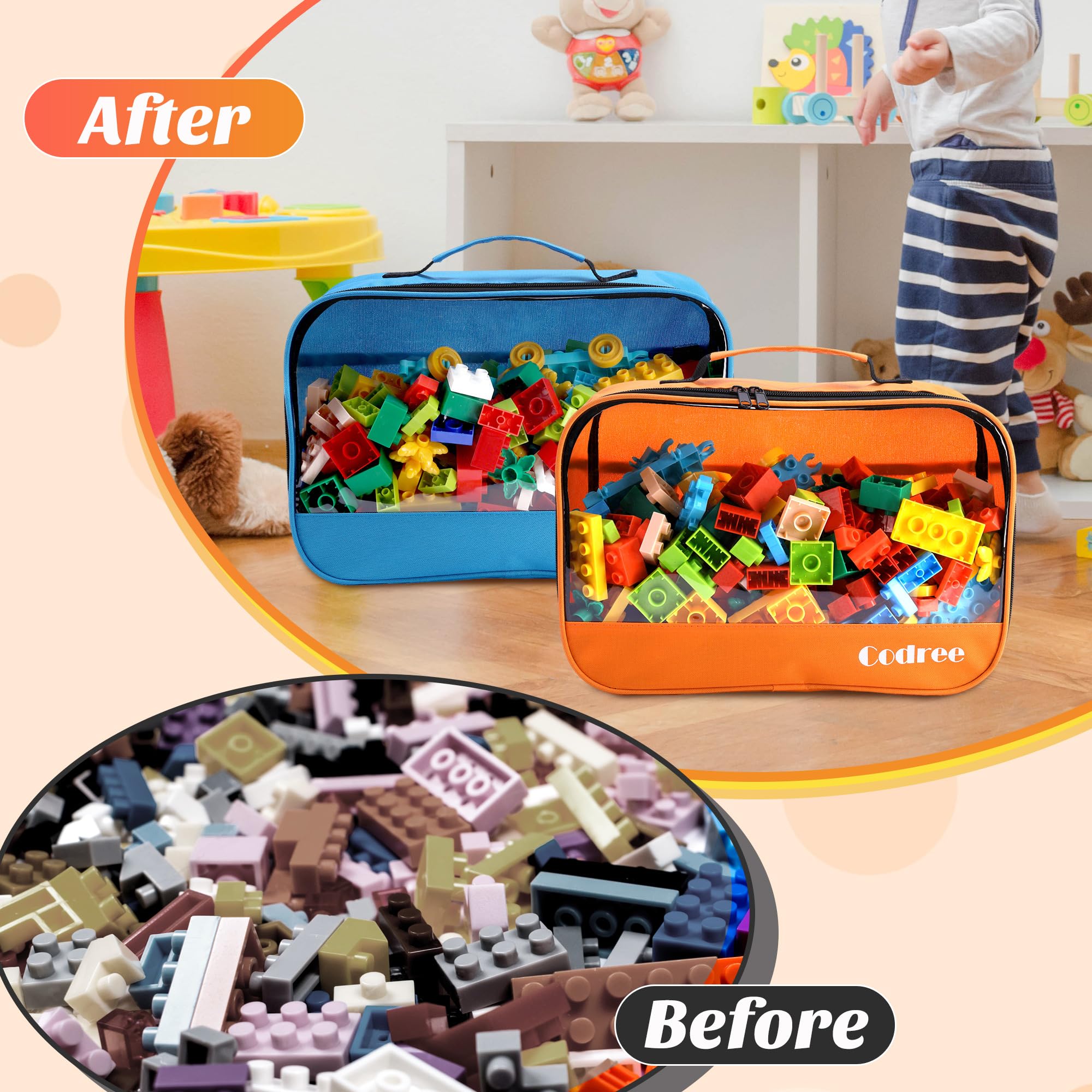 codree Confezione da 6 sacchetti grandi per giocattoli, 33 x 21 x 9,9 cm, in tessuto Oxford, visibili, con cerniera, impermeabili, da viaggio, organizer per giocattoli da costruzione, piccoli