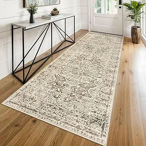 KUTA Washable Kitchen Runner 3x8, Non Skid Washable 8 ft Beige Brown Runners, Printed Vintage Distressed Floral Area Rugs Ultra Soft Carpet for Bedroom Living Room