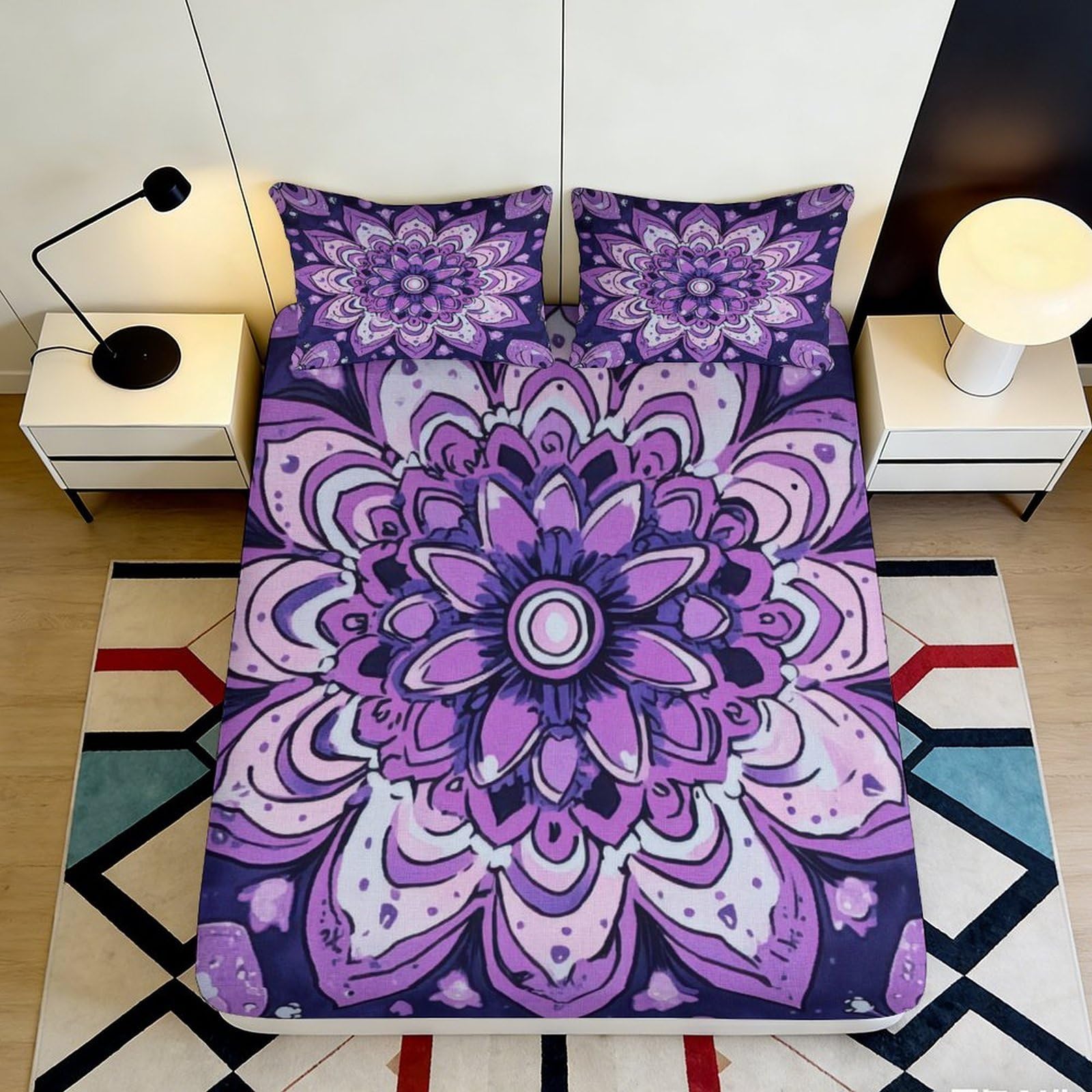 3D Printed Mandala Blossom Fitted Sheet Microfiber Purple Floral Mattress Cover for Bedroom Decor Dustproof Washable 90x200x25cm