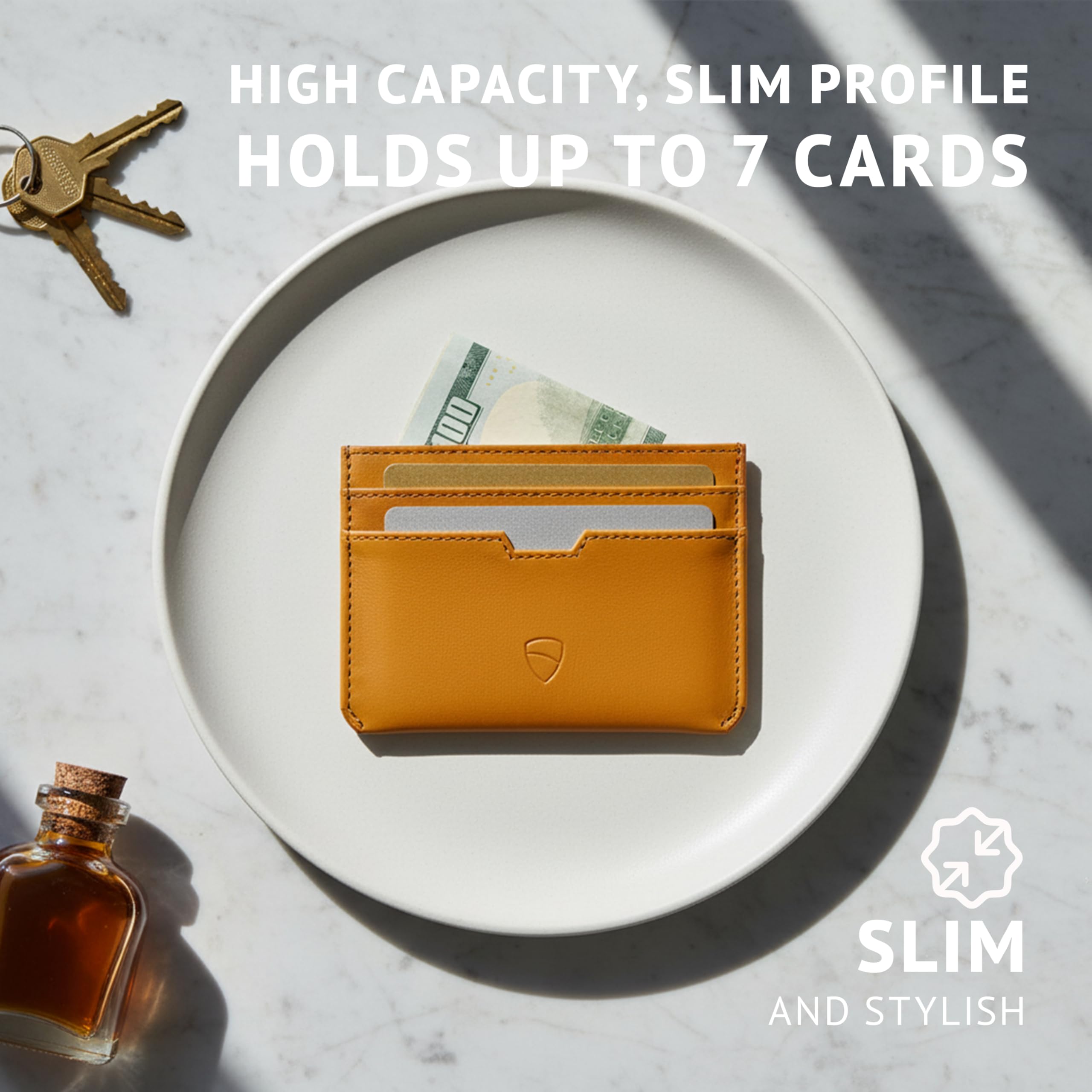 Vaultskin MOORGATE Smukłe skórzane etui na karty z ochroną RFID, Żółty | Minimalistyczne etui dla kobiet i mężczyzn, 5 przegródek na karty, dokument i gotówkę, naturalna skóra bydlęca.