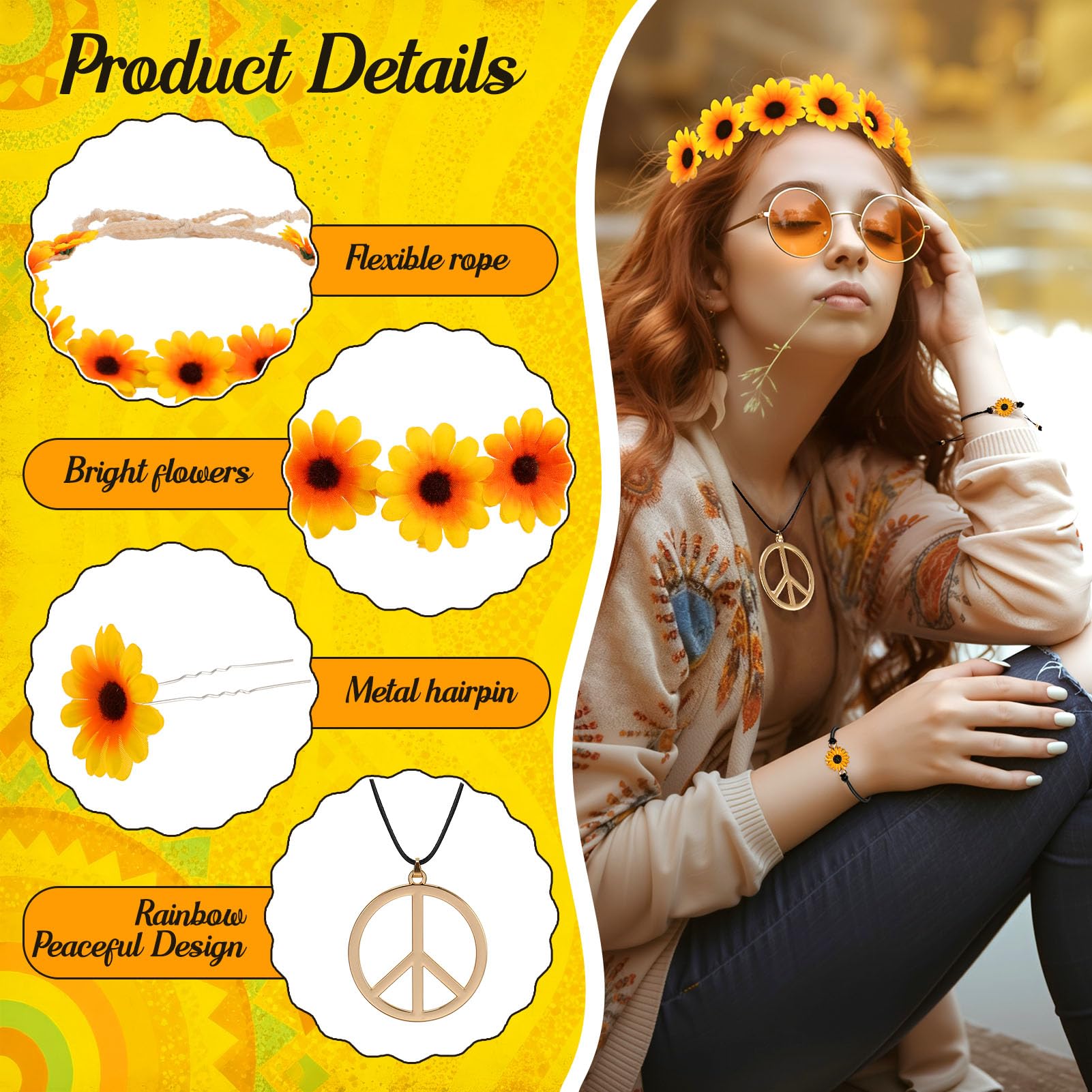 GSrenyu 9 PCS Hippie Accessories, Hippie Costume for Women Includes Sunflower Headband Flower Sunglasses, Daisy Hair Fork - Image 3
