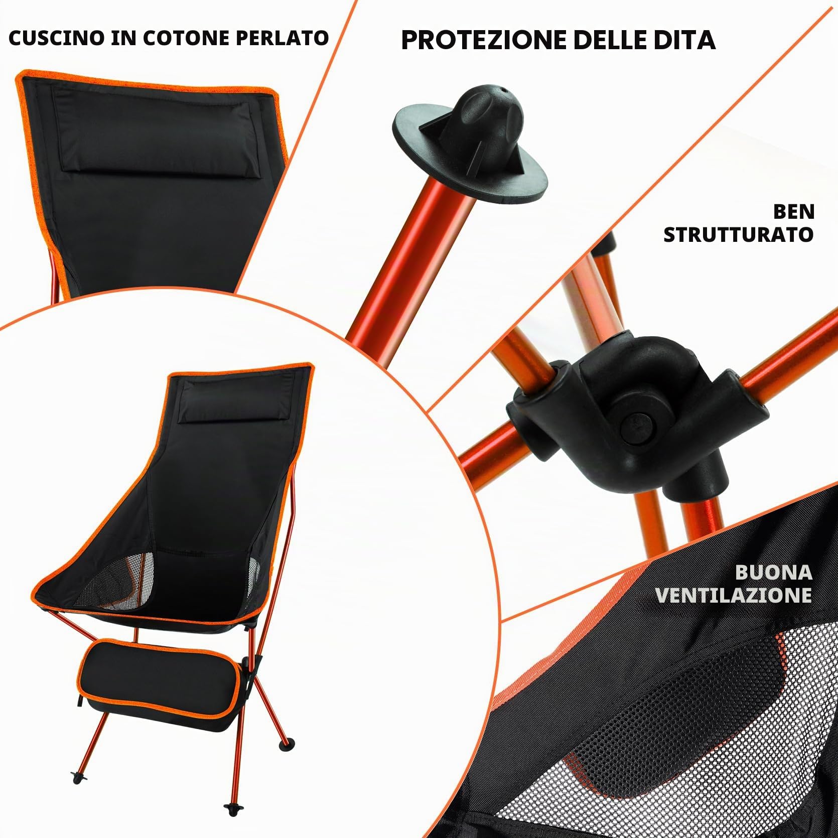 SOPPY Confezione da 2 sedie da campeggio pieghevoli con schienale alto, portatili e leggere, con tasca laterale e borsa per il trasporto, per escursioni, viaggi, picnic, pesca, arancione
