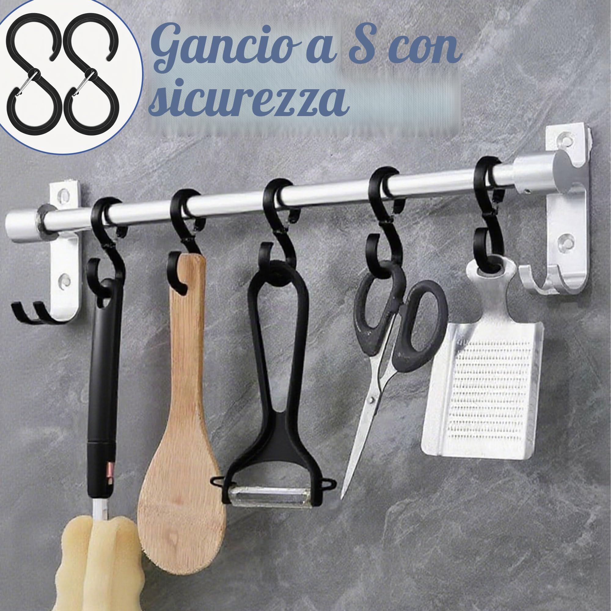 25 ganci a S piccoli, ganci a S per appendiabiti in plastica anti-goccia, ganci con fibbia di sicurezza per cucina, bagno, camera da letto, ufficio, giardino, colore nero
