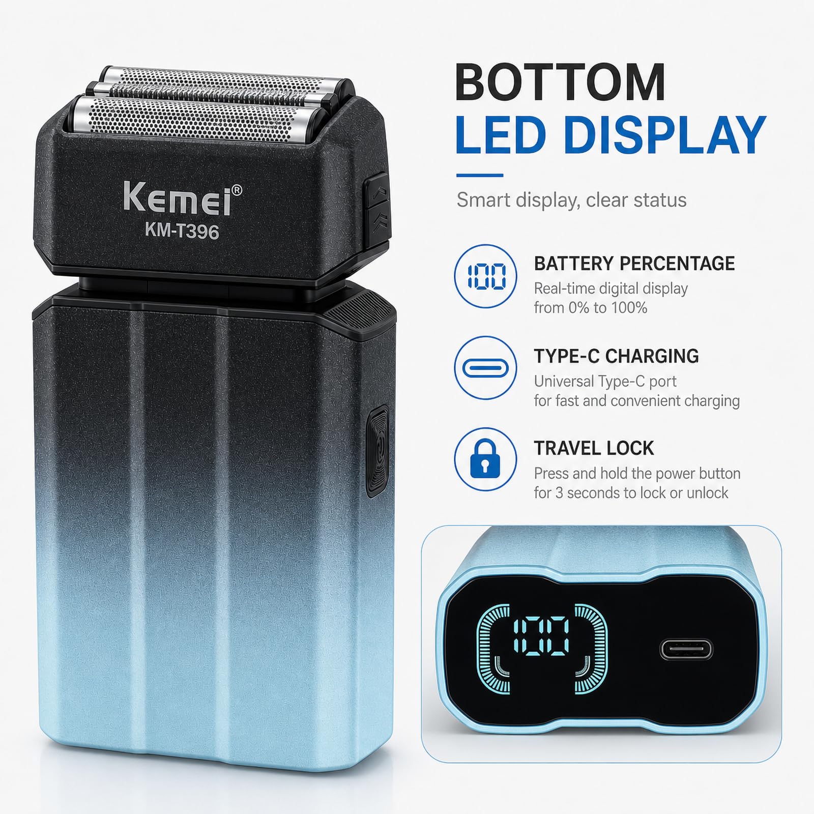 Kemei KM-T396 - Rasoio elettrico da uomo, con 3 lame galleggianti, 7500 giri/min, ricaricabile, senza fili, tipo C, durata 120 minuti, display a LED, blocco da viaggio, blu