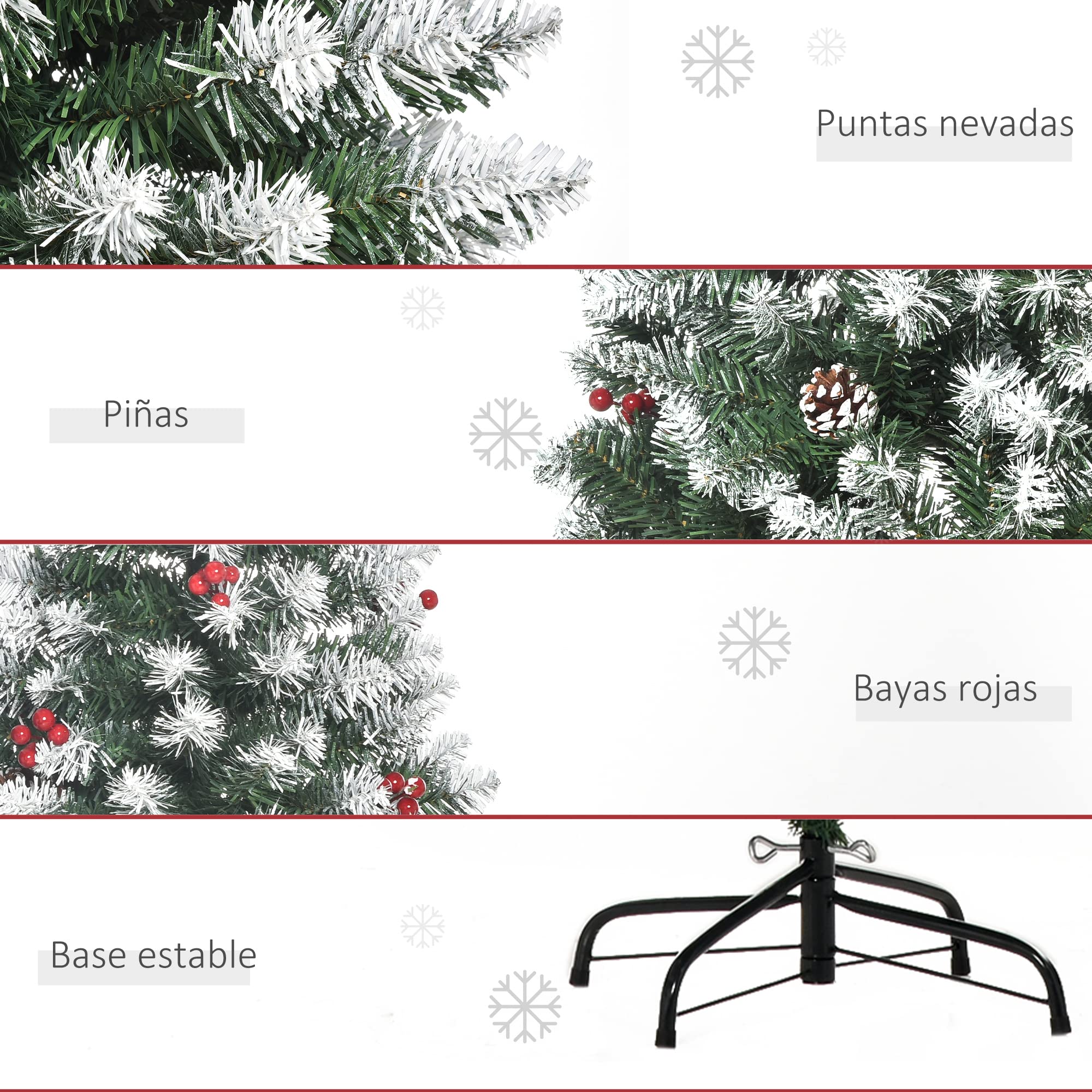 HOMCOM Árbol de Navidad Plegable 180 cm con Nieve 618 Ramas 30 Bayas 34 Piñas Hojas Apertura Automática y Soporte Metálico Decoración Navideña para Interior Verde