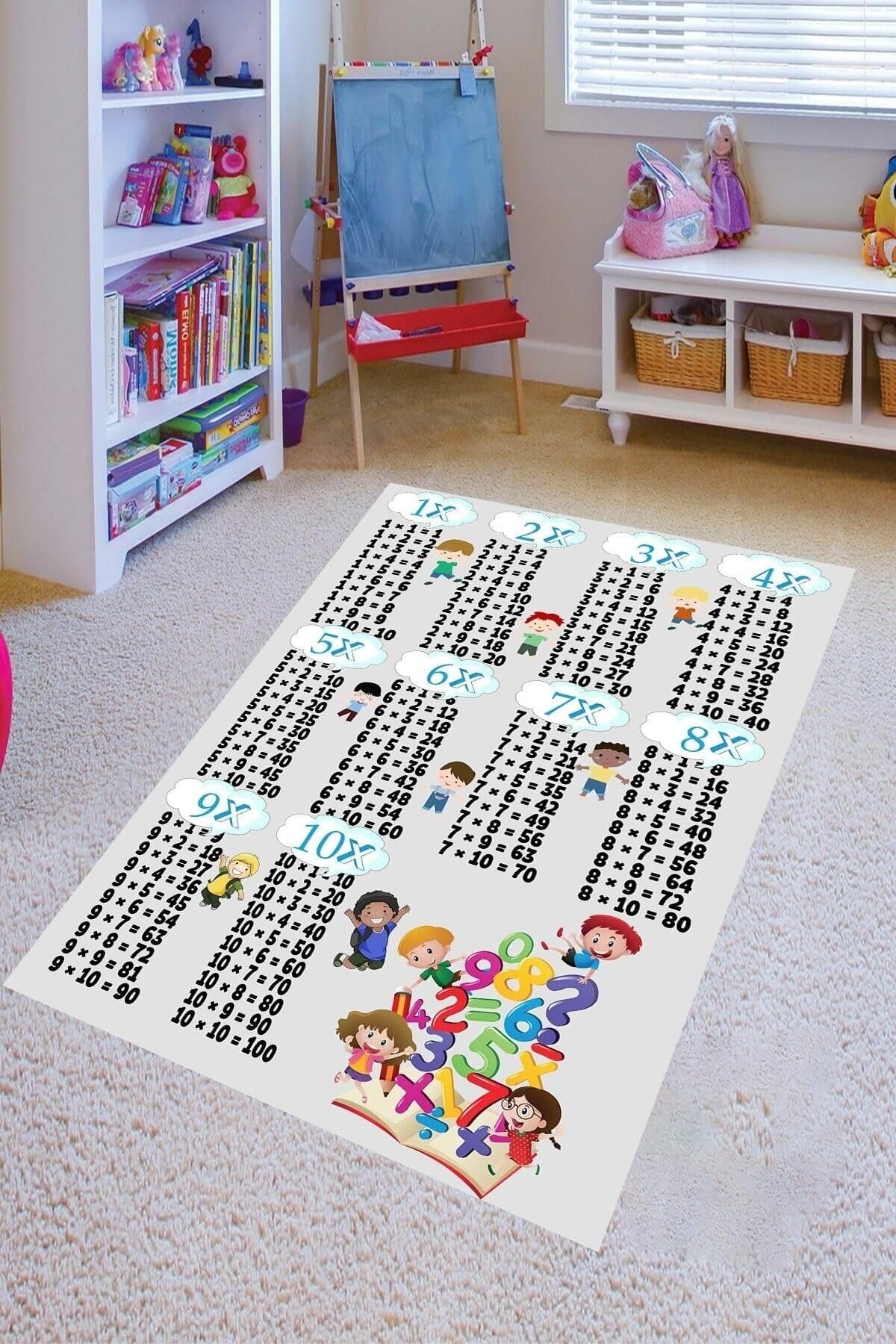 Pelangi Çarpım Tablosu Desenli Dijital Baskılı Kaymaz Taban Yıkanabilir Çocuk Odası Halısı, Gri 80 x 600