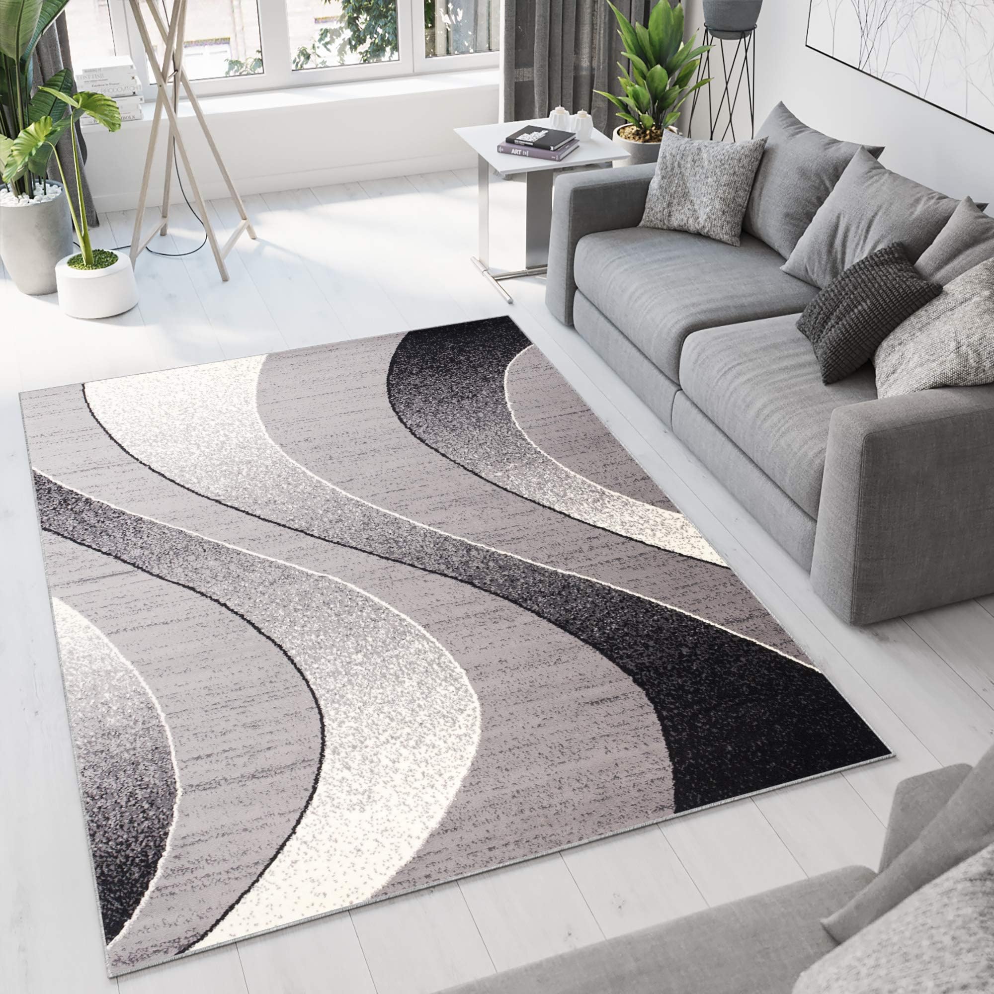 TAPISO Dream Area Rug Living Room Bedroom Short Pile Modern Abstract Light Grey Wavy Durable Carpet Size - 140 x 200 cm (4ft7 x 6ft7)