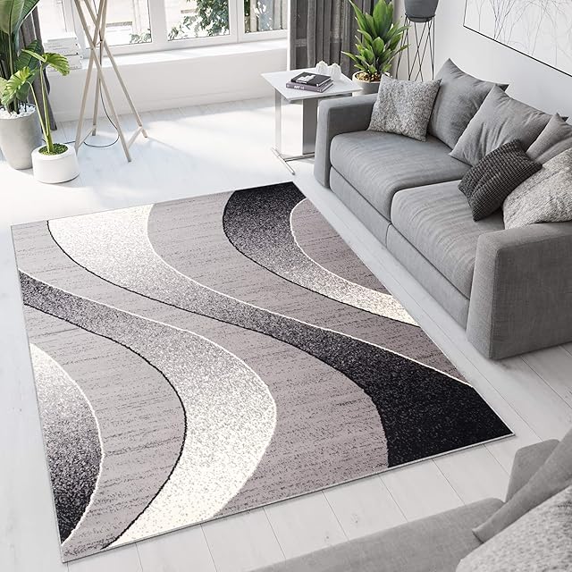 TAPISO Dream Area Rug Living Room Bedroom Short Pile Modern Abstract Light Grey Wavy Durable Carpet Size - 80 x 150 cm (2ft7 x 4ft11)