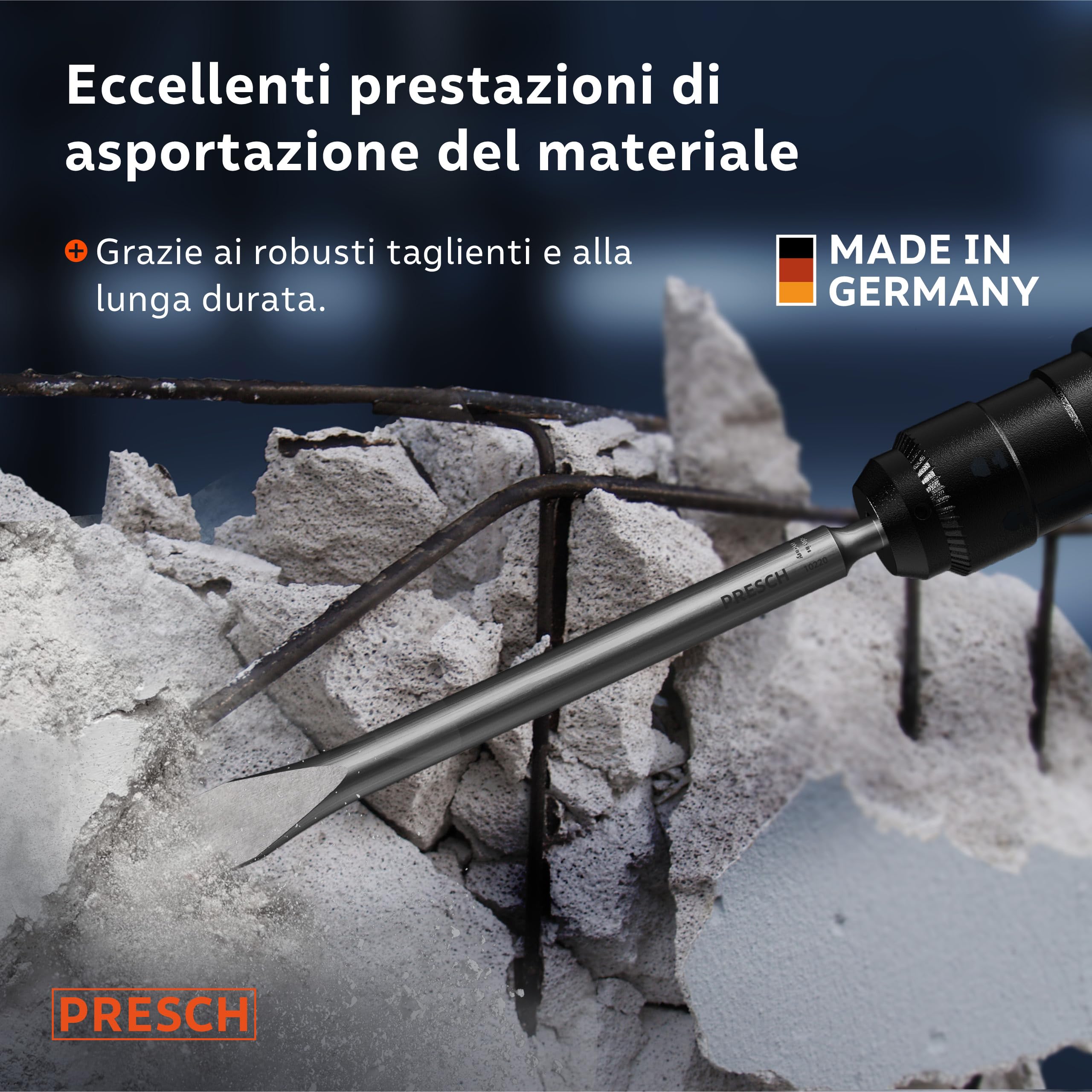 PRESCH SDS plus Scalpello piatto - Tagliente largo 20 mm, estremamente robusto e durevole - Per tutti i lavori di demolizione (lunghezza 250 mm) - Acciaio ad alte prestazioni per colpi potenti
