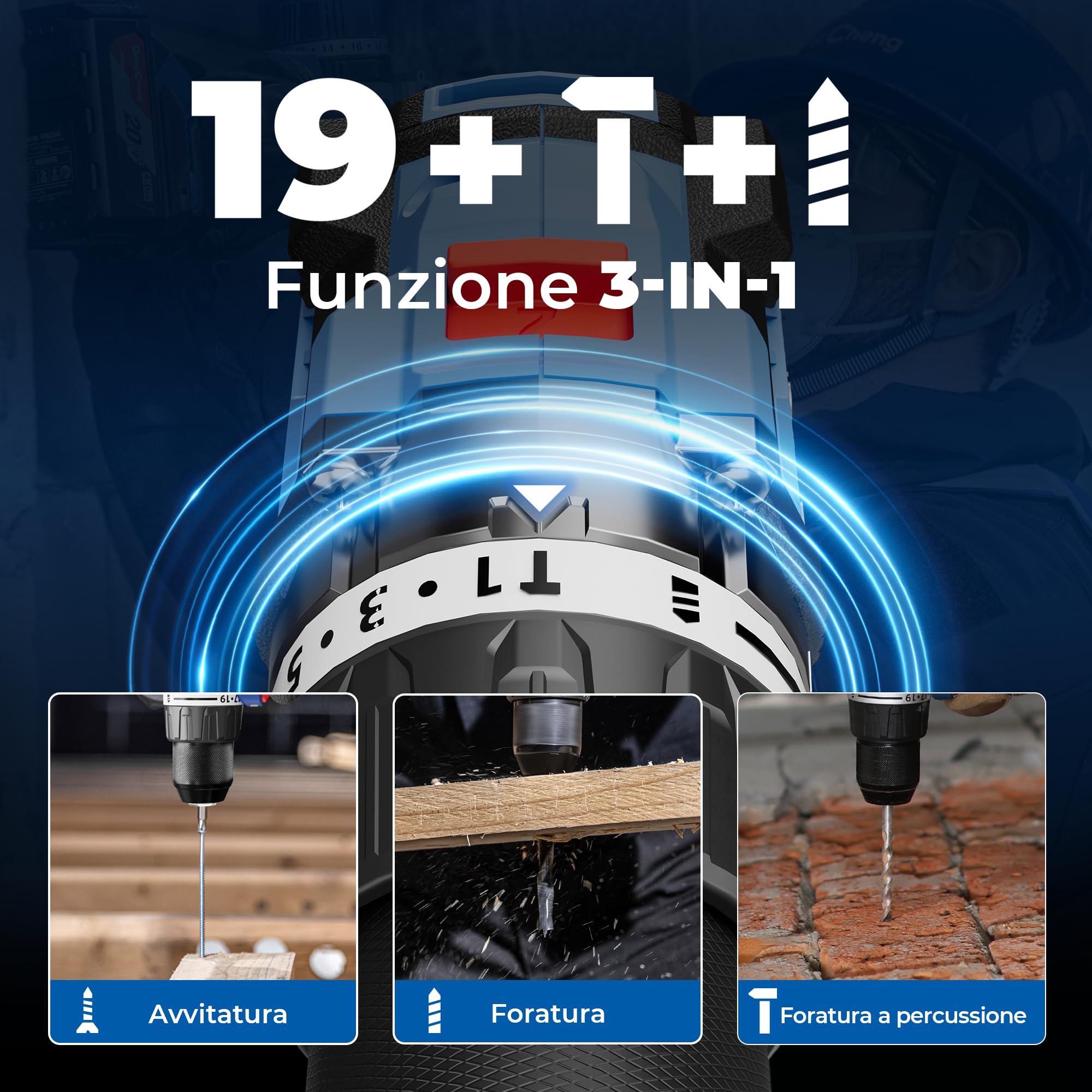 Dong Cheng Trapano a Percussione a Batteria 20V Brushless 160 Nm, Trapano Avvitatore Batteria, 1x4,0 Ah, 3 Modalità-Foratura, Avvitatura, Percussione, Mandrino 13mm, 19+2 Coppie, 2 Velocità