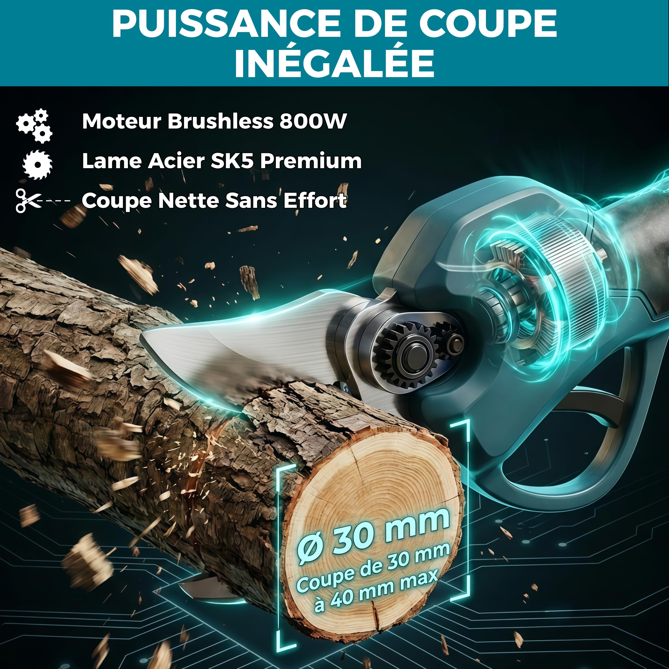 Sécateur Électrique Sans Fil 40mm - Sécateur à Batterie - 2 batteries 21V 4000mAh - Brushless 800W - Coupe Branche Professionnel - BLADEPRO
