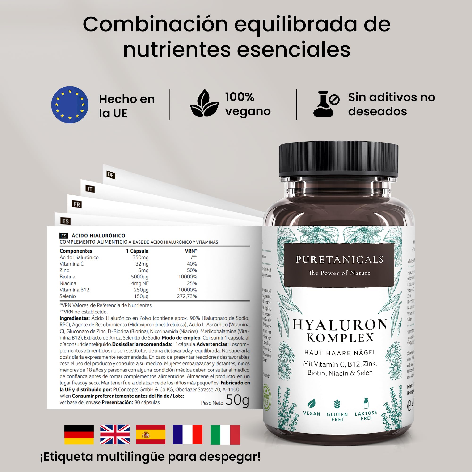 Cápsulas de Ácido Hialurónico Altas Dosis Analizado en Laboratorios - 350mg puro + Vitamina C B12 Zinc Biotina Niacina Selenio | Antiedad Piel Cabello | Vegano sin Estearato de Magnesio