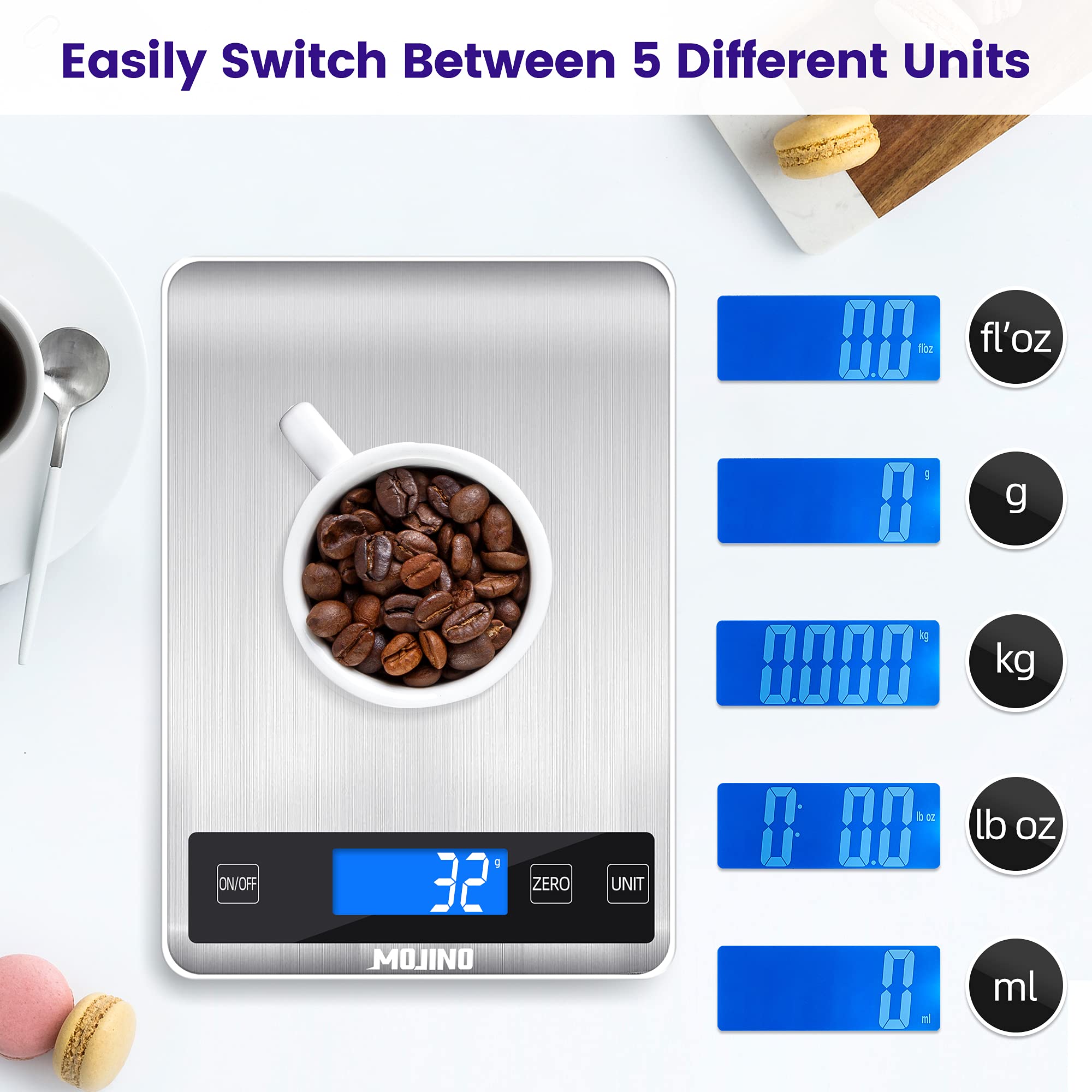 MOJINO Balance De Cuisine Numérique 15kg/33lb - Précise Avec Écran LCD, Rechargeable USB, Acier Inoxydable