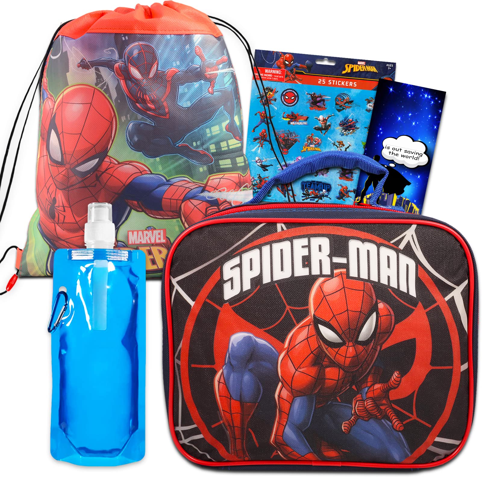 Spiderman Lunch Bag - Bundle with Marvel Spiderman Lunch Box for Boys Girls Kids, Spiderman Drawstring Bag, Water Pouch, Spiderman Stickers, More