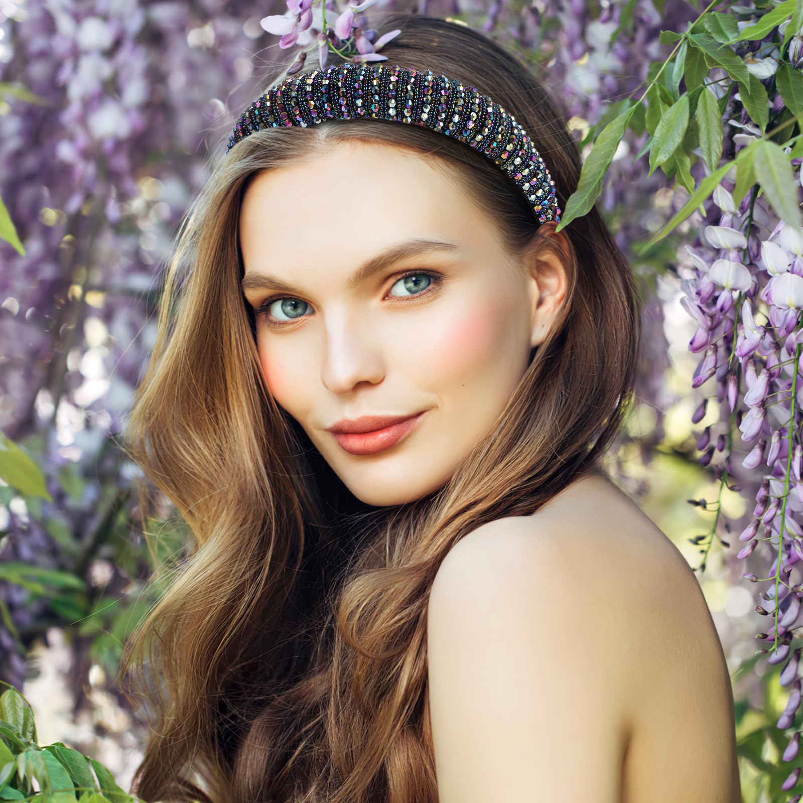 Rhinestones Crystal Padded Headbands Blue Rhinestone Diamond Shiny Hairband Wide Glitter Beaded Hair Hoop for Women Party Wedding Headpiece Hair Accessories - Image 2