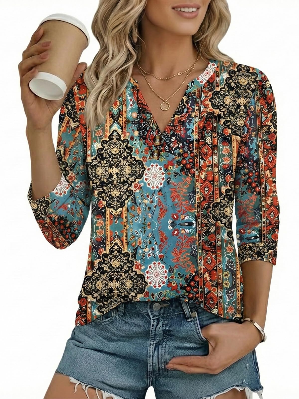 Cuptacc Tops für Damen Blusenshirt Locker Oberteile Damen Sommer Elegant Tunika Party Oberteil Herbst Mode Buntes-Muster L 42-44