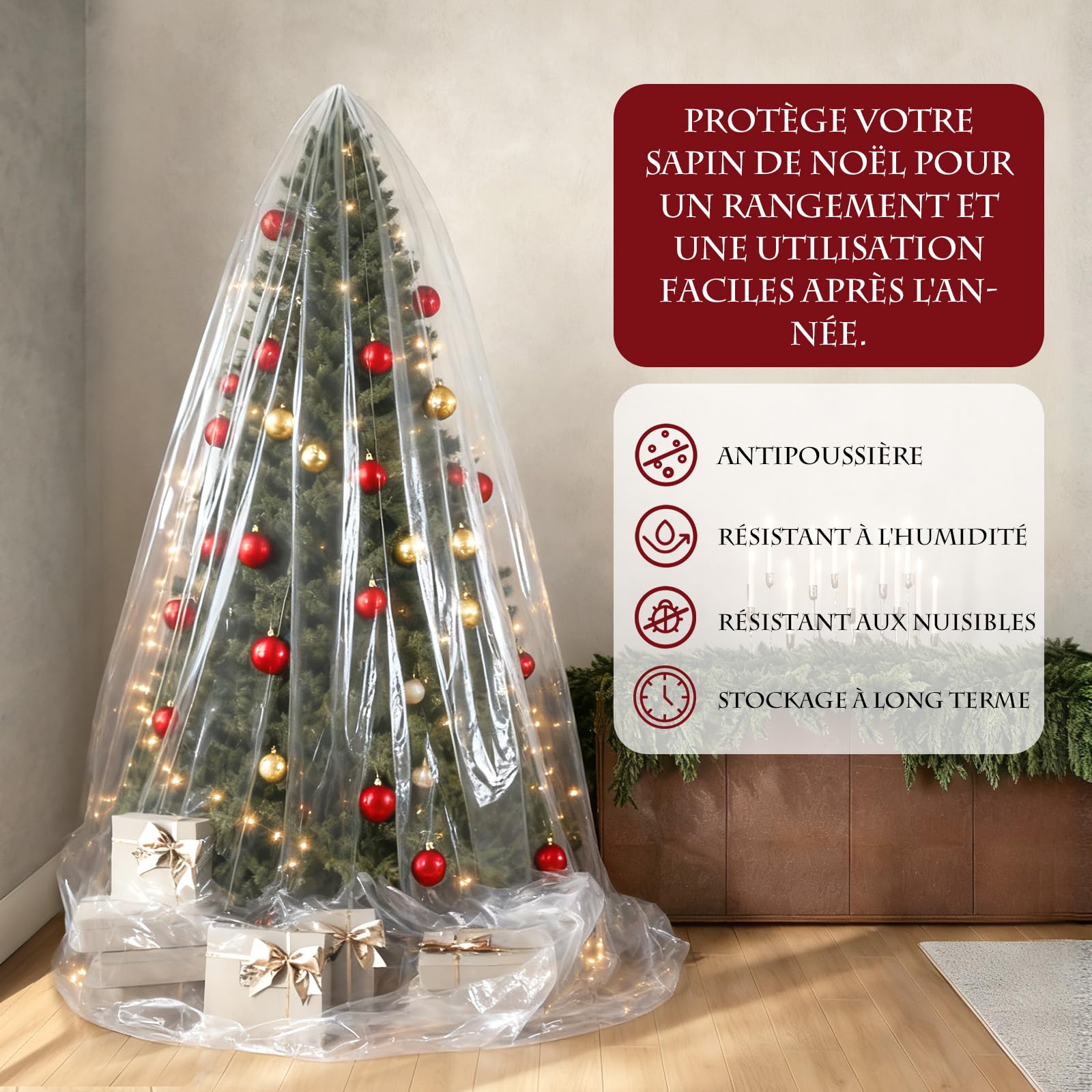Sac de Rangement pour Sapin de Noël Arbre Transport étanche Extra Large,2,7 m de Haut par 1,8 m de Large,Sac en Plastique Imperméable - Clear