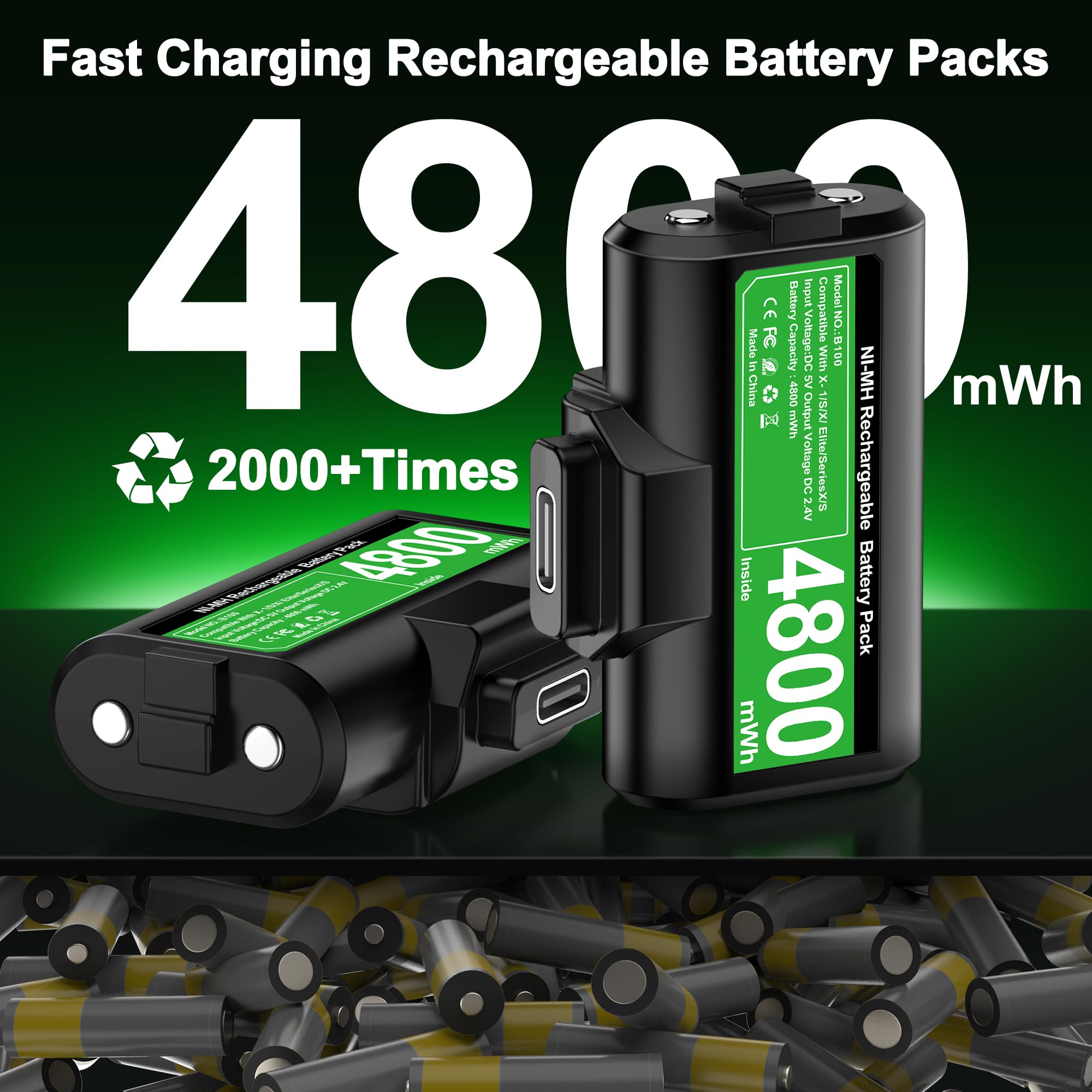 HEYLICOOL Rechargeable Battery Pack for Xbox One/Xbox Series X|S,2x4800mWh Controller Battery Pack with LED Indicators for Series X/S,Play & Charge Kit — view 2