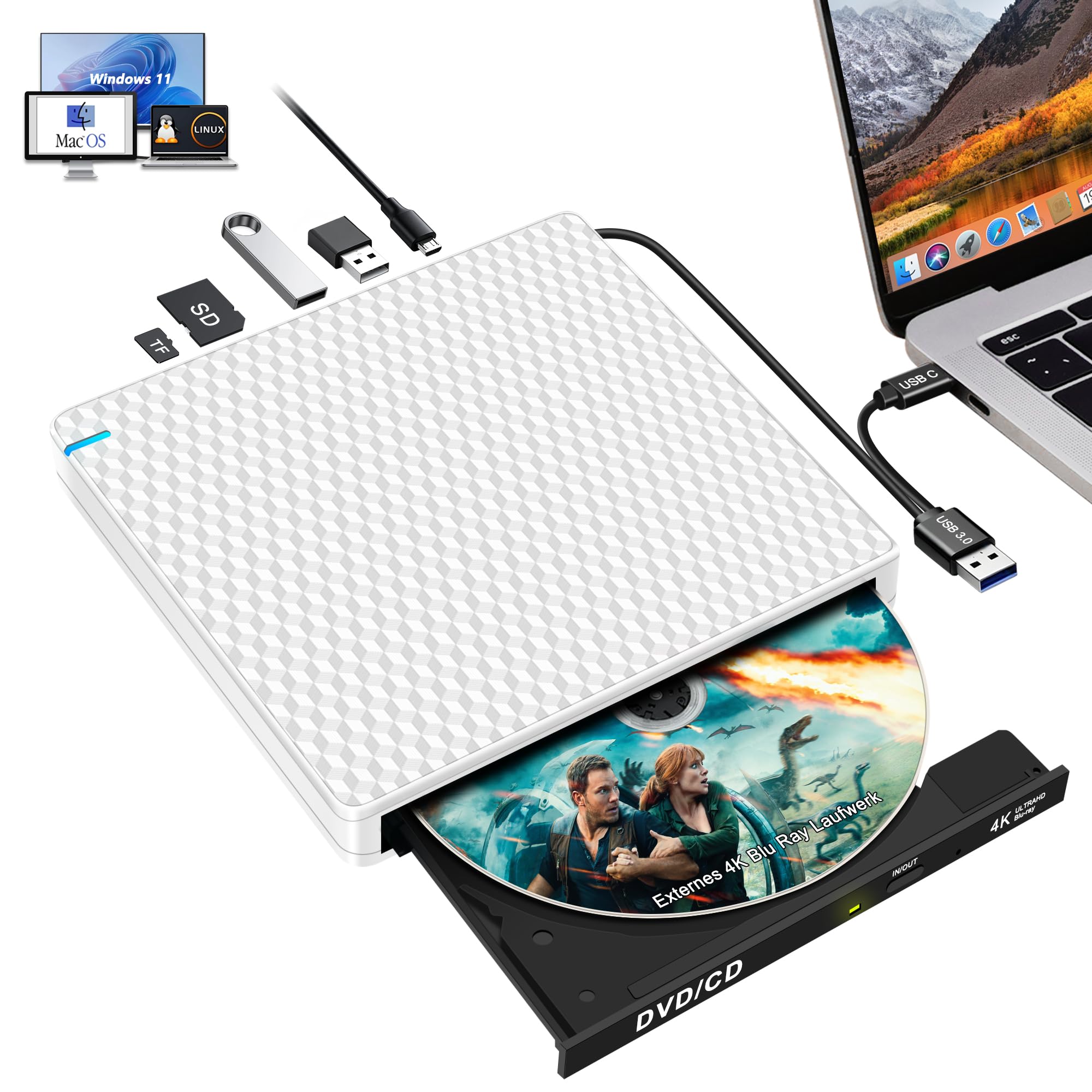 Externes 4K Blu Ray Laufwerk: USB C UHD Bluray Brenner Extern für Mac MacBook Laptop mit SD TF Kartenslot USB Ports Tragbar 3D DVD CD BDXL Externe Blu-ray Laufwerke für PC Windows 11