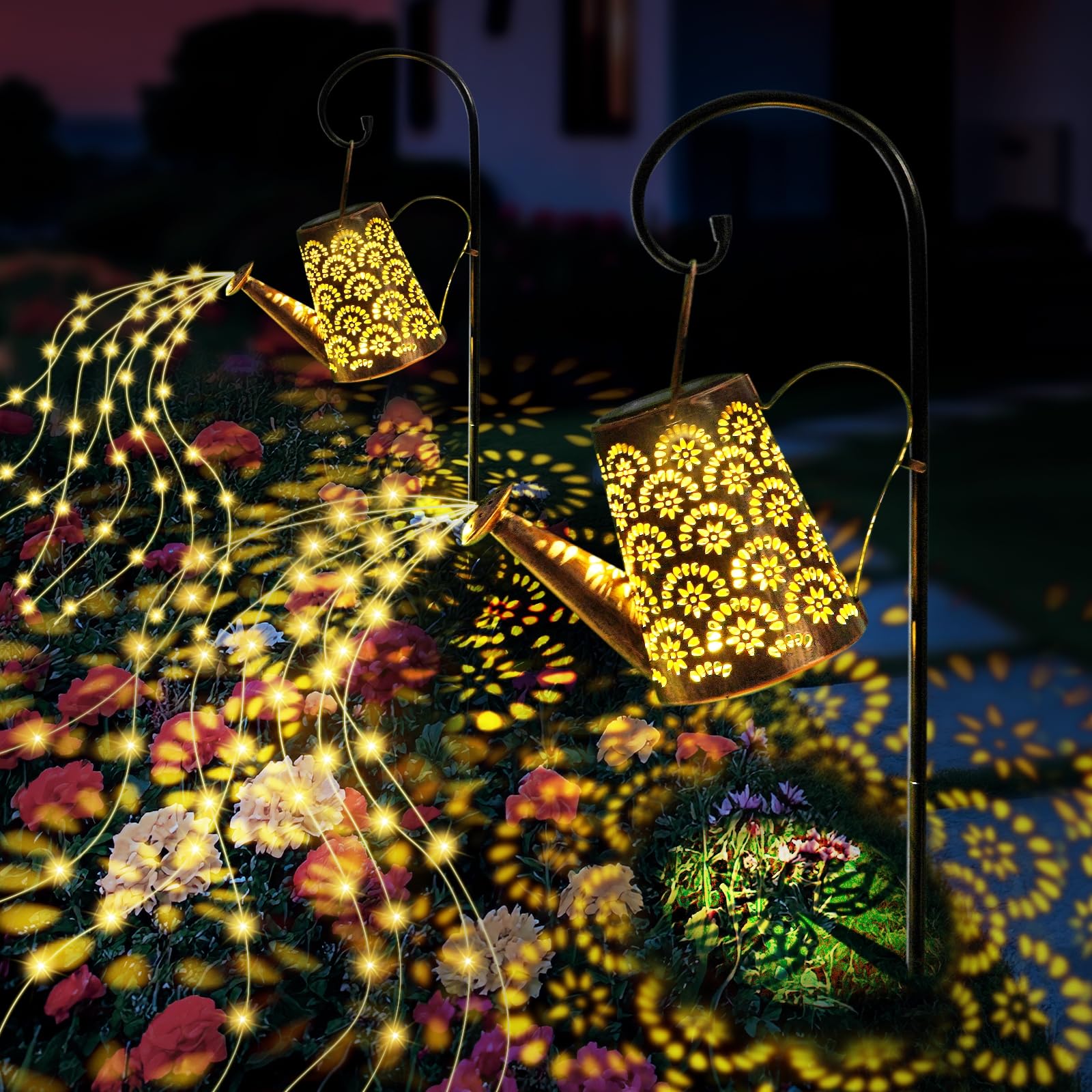 OUILA Solar Gießkanne Lichterkette, 2 Stück Solarlaterne für außen mit Schäferhaken, Solarlampen IP65 Wasserdicht, LED Lichterketten für Außen, Gartendeko, Hofweg, Blumenbeet