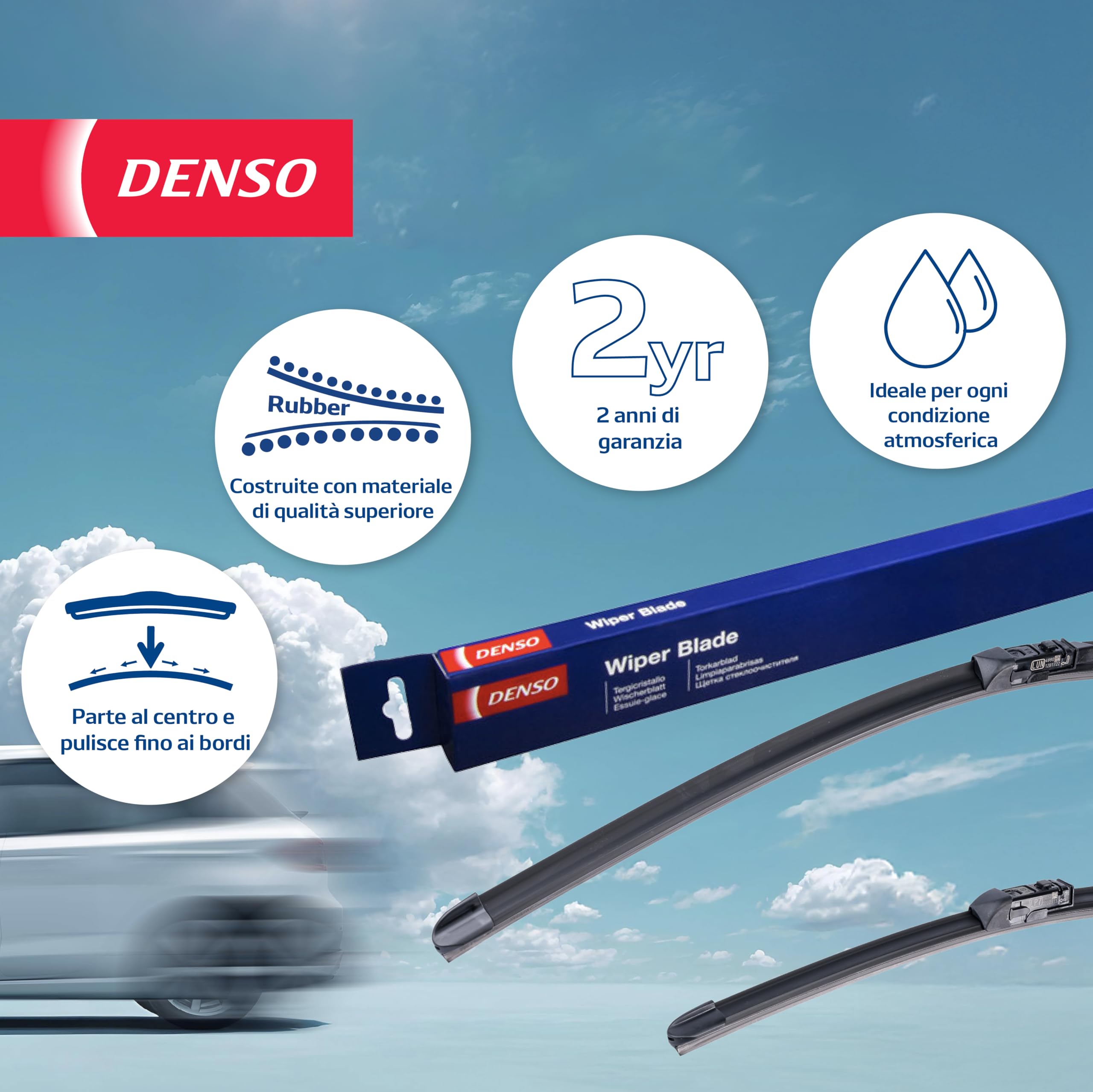 Kit Spazzole Tergicristallo Flat DENSO (DF-449) Contiene 2 Pezzi per Veicoli con Guida a Sinistra, 650/580 mm, Tergicristallo Silenzioso e Durevole con Design Aerodinamico - Qualità OE