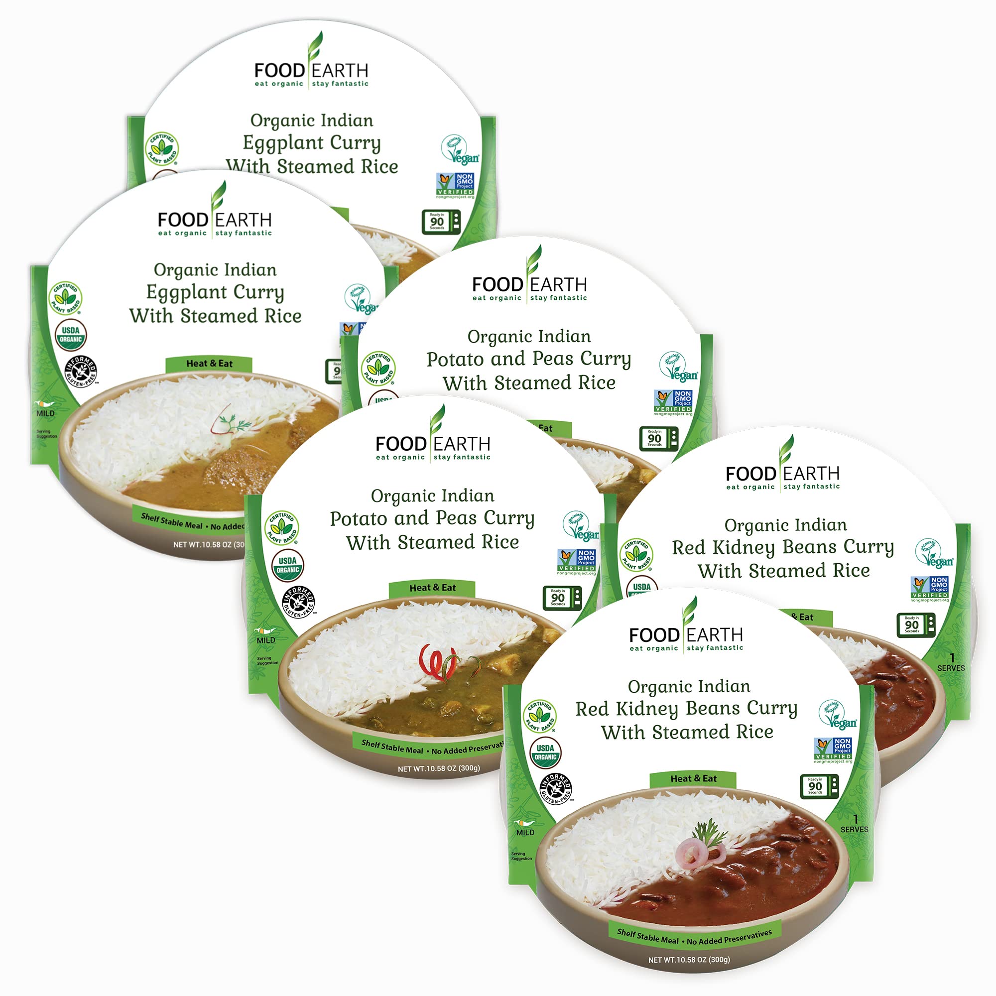 Food Earth - Indian Ready to Eat Meals, 3-Flavor Variety Pack, Packaged Indian Food, Pre-prepared Healthy Microwaveable Meals, 300 grams x Pack of 6