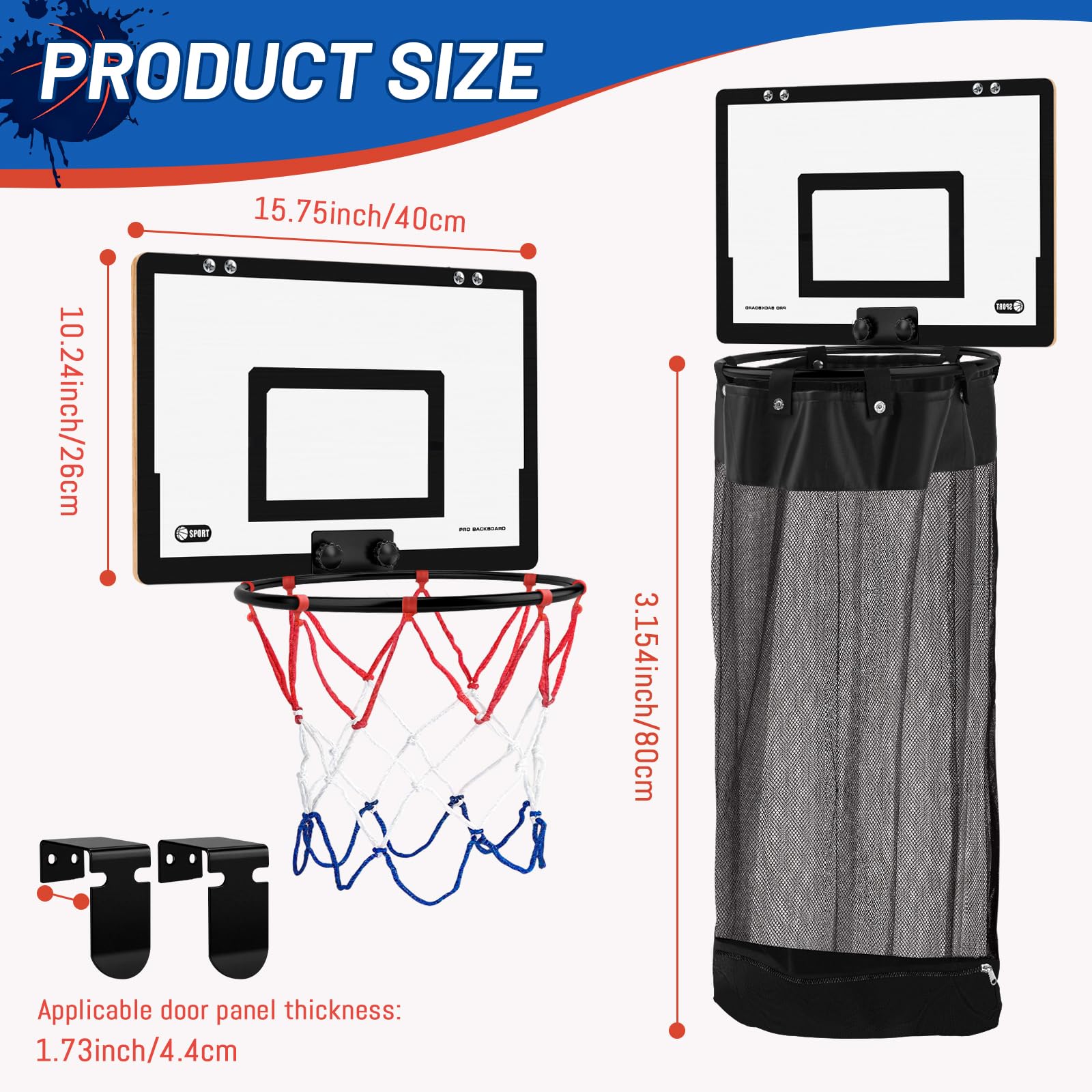 Basketballkorb und Basketballkorb über der Tür, 2-in-1 Holz-Sportwäsche/Wäschekorb mit Reifen und Reißverschluss unten, für Kinderzimmer, Teenager, Schlafzimmer, Schlafsaal, Badezimmer