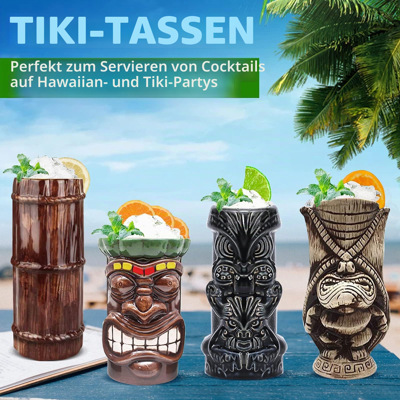 Tiki Becher Cocktail-Set von 8 – Becher, Keramik, hawaiianische Luau-Party-Tassen, Drinkware, niedliche, exotische Cocktailgläser, Tiki-Bar, professionelle Hawaii-Party-Barware,
