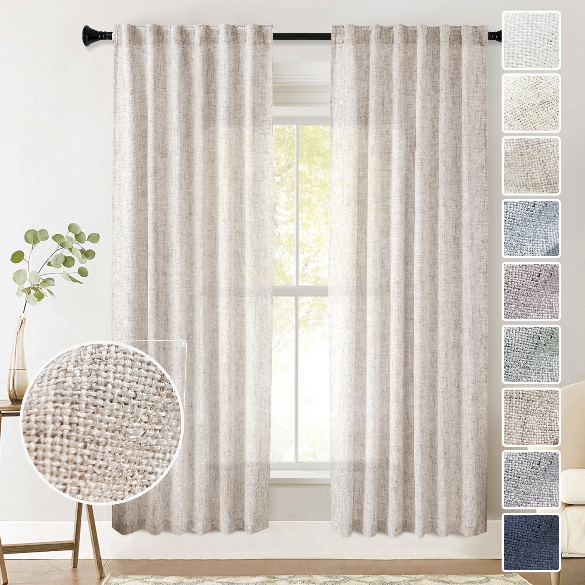 72 Inch Long Linen Curtains for Living Room 2 Panels Set Back Tab Pocket Light Filtering Neutral Modern Farmhouse Boho Semi Privacy Window Curtain Drapes for Bedroom Dining Room 50x72 in Length