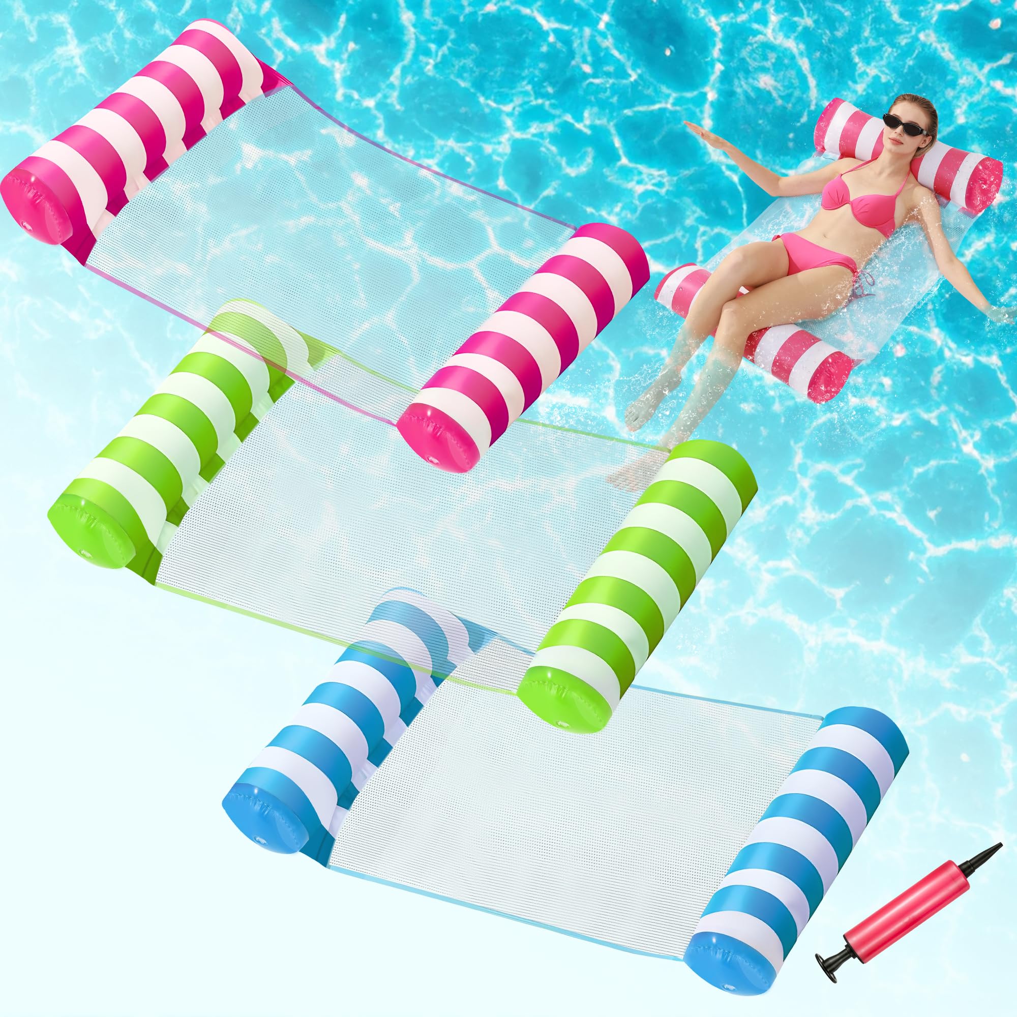 3 Pack Inflatable Pool Floats, OKSUWATER 4-in-1 Water Hammock, Pool Floats Adult Size for Swimming Pool Party Summer Lake Water Fun