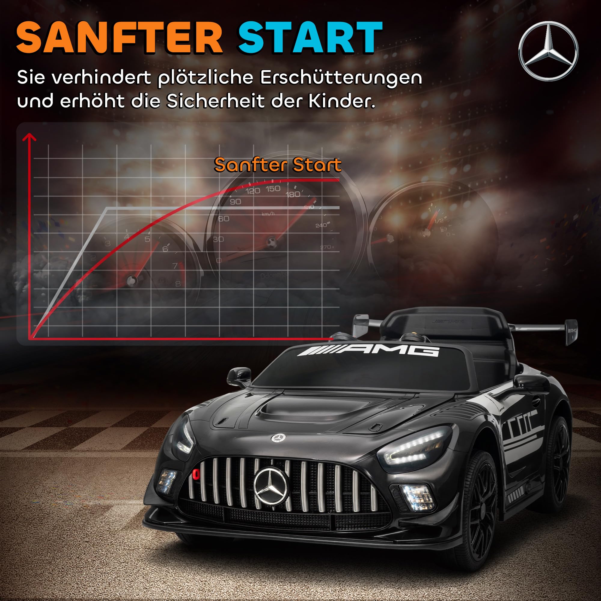AIYAPLAY Dziecięcy Samochód Elektryczny Mercedes-AMG, 12V z Pilotem 2,4GHz, 2 Silniki, Muzyka Bezprzewodowa, Pojazd dla Dzieci z LED, Klaksonem, Miękkim Startem, Kołami Wspomagającymi, Uchwytem do