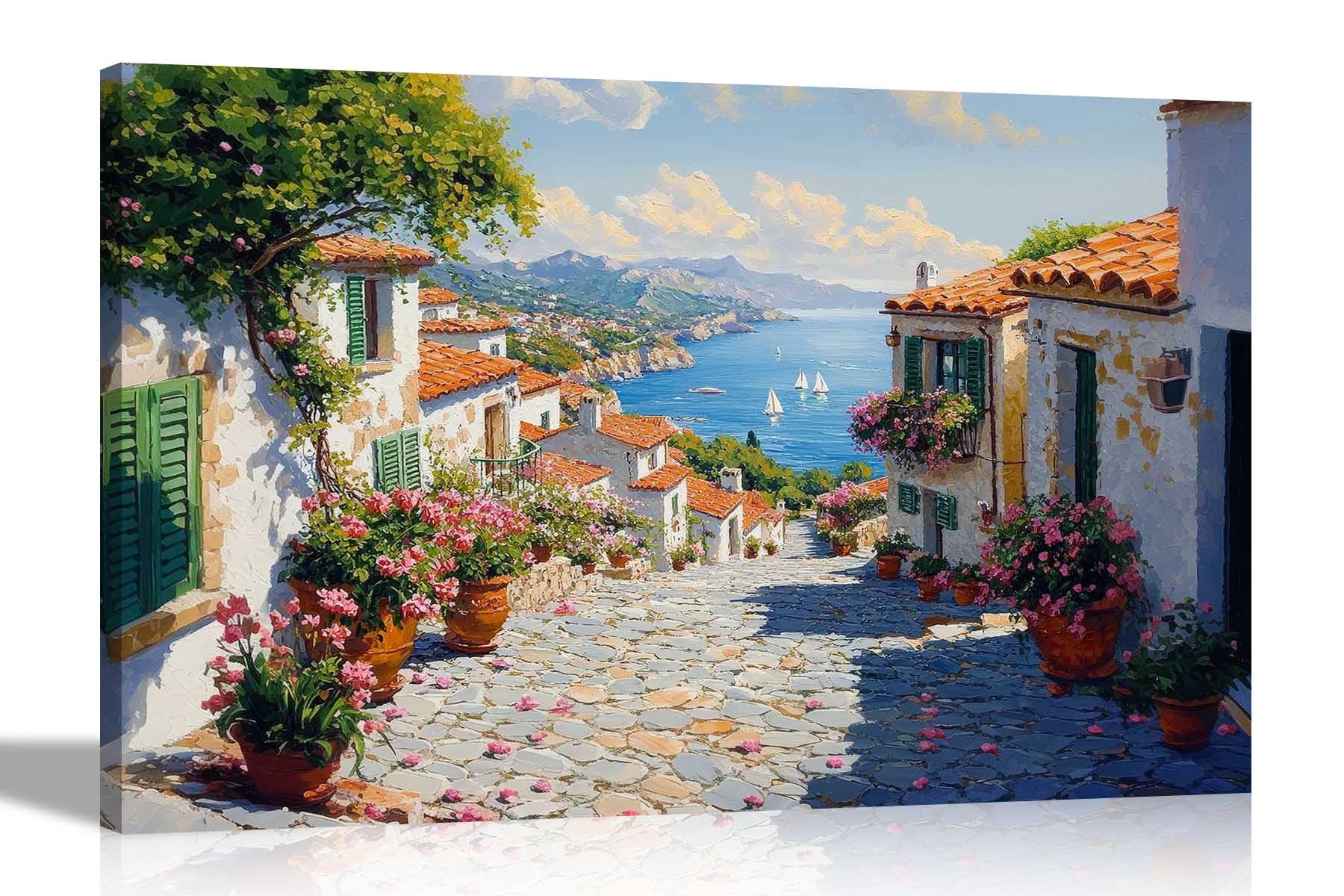 Artley Prints Mediterranean Dream - Mediterranean Ocean View Mountain Landscape Canvas Wall Art Pictures For Living Room Framed Prints Large 86 X 61Cm (34 X 24 Inches) A1