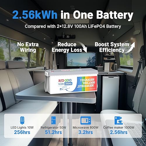 Miniatura 2 de Redodo Batería de litio LiFePO4 de 12 V 200 Ah con BMS de 100 A, 4000-15000 ciclos profundos y vida útil de 10 años, perfecta para sistema solar del