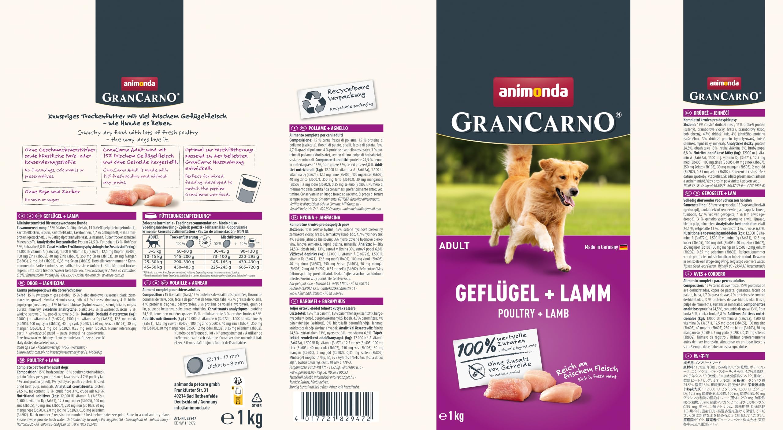 GranCarno Alimento seco para Aves de Corral y Cordero (1 x 12 kg), pienso Premium sin Cereales para Adultos y Perros de animonda