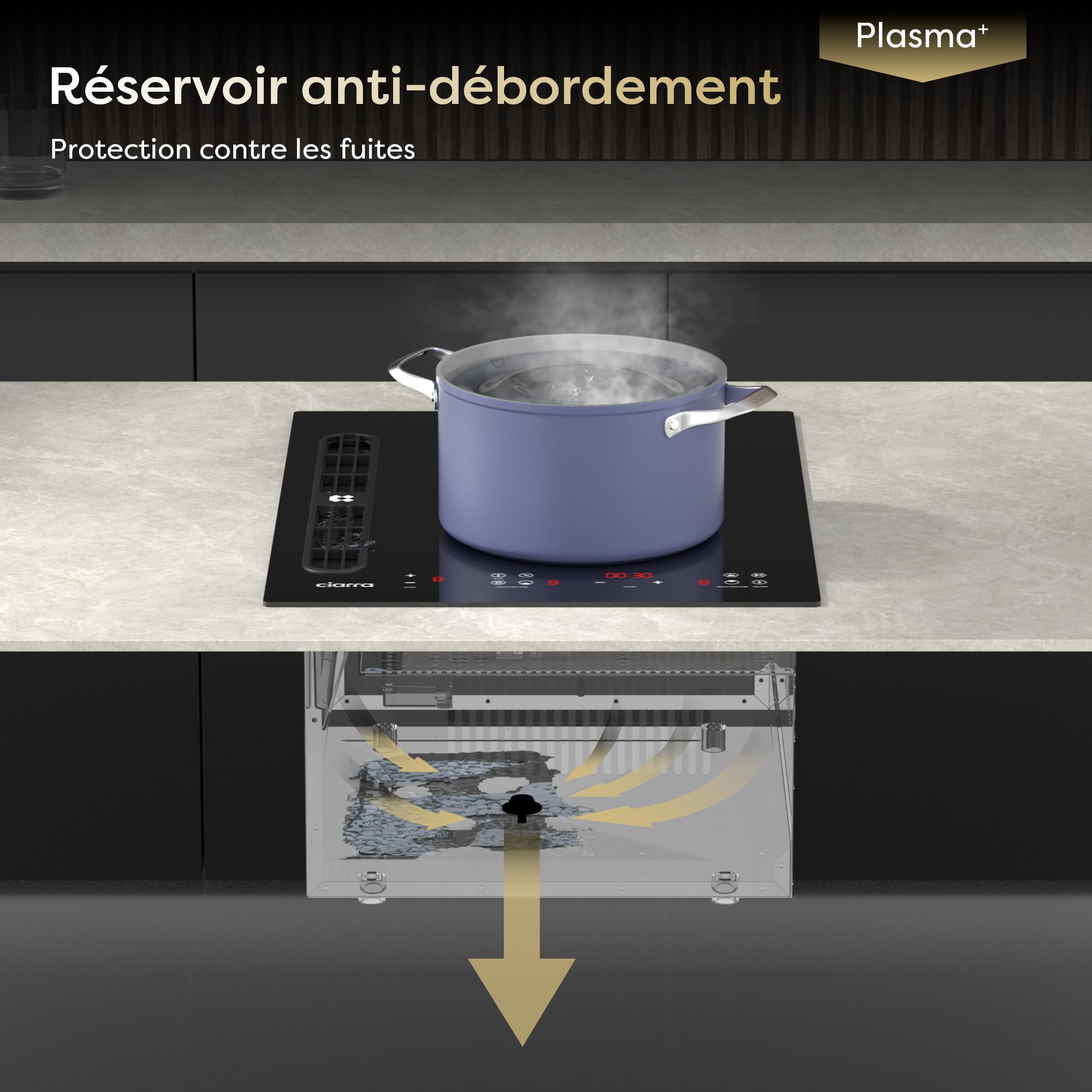 CIARRA ONE CBBEH392BF Plaque de cuisson à induction avec hotte aspirante, hotte de table intégrée, 39 cm, 2 plaques, Flexzone, 9 niveaux, sécurité enfant, minuterie, Stop & Go Booster