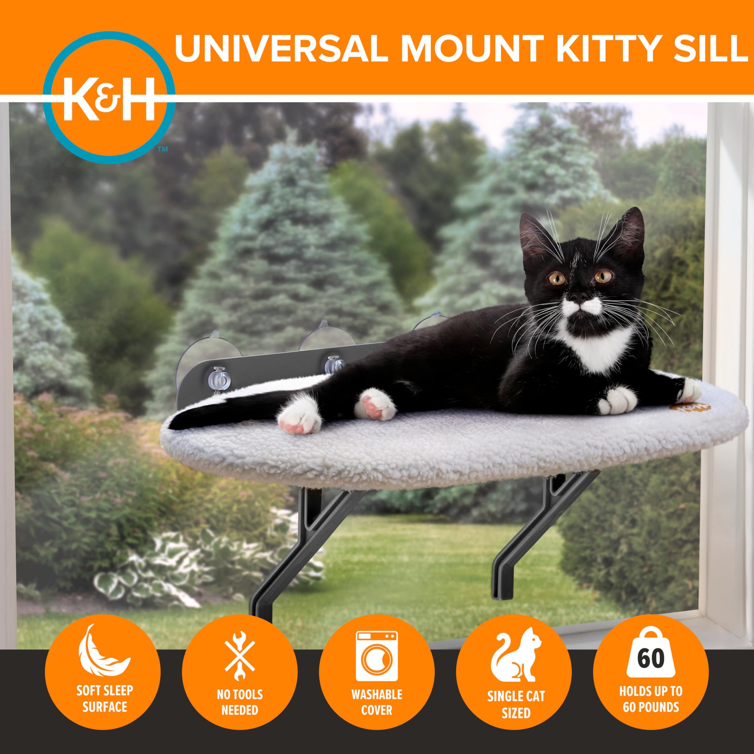 K&H Pet, Cuscino da davanzale per gatto Universal Mount Kitty Sill, Cuccia da finestra per gatti, Pile