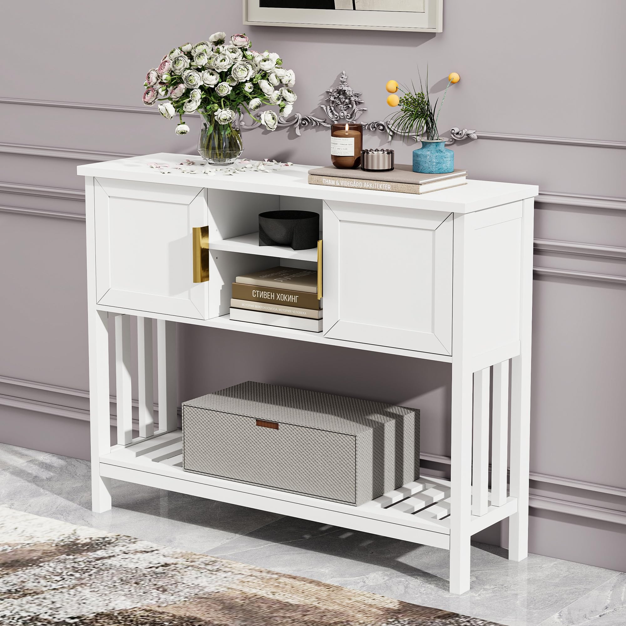Edospaen Entryway Table with 2 Doors, Console Sofa Table with Storage & Shelf, Entrance Entry Way Table Narrow Sofa Table, Hallway Foyer Table Behind