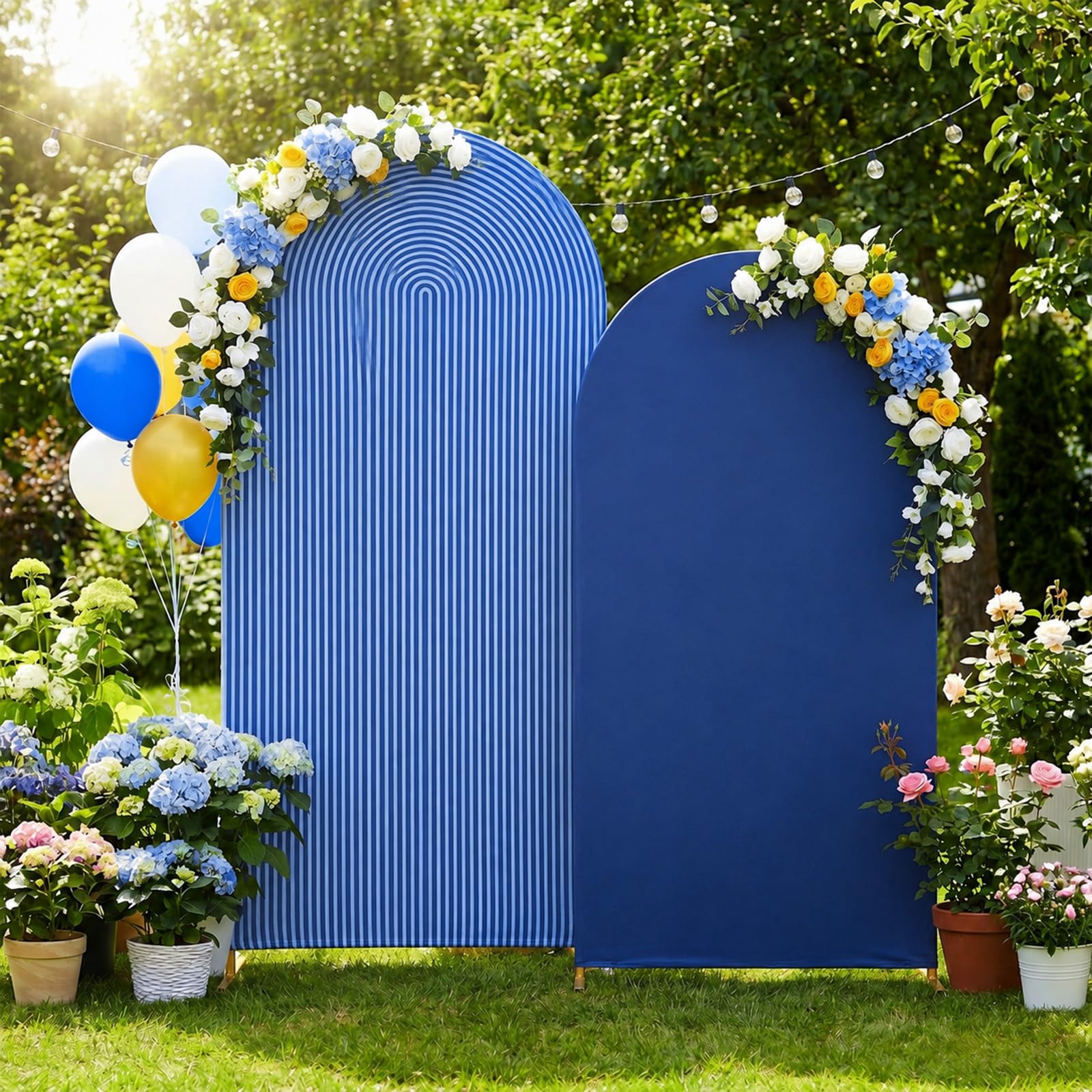 2 Set Wedding Arch Cover Navy Blue Ripple &amp; Solid Stretchy Backdrop Cover