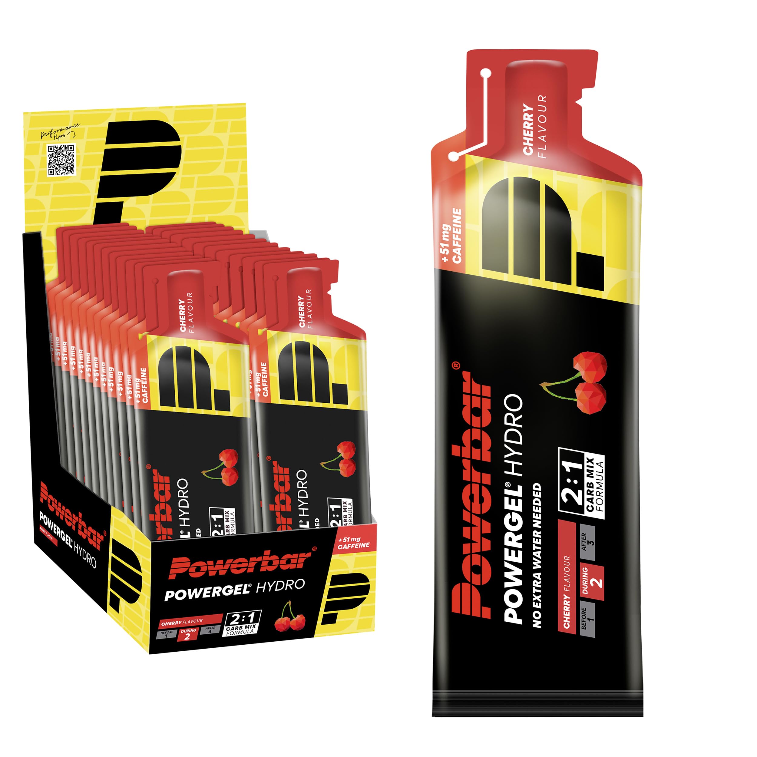 Powerbar - PowerGel Hydro - Cherry - 24x67ml - Gel energético alto en carbohidratos - Sodio - 51mg de cafeína