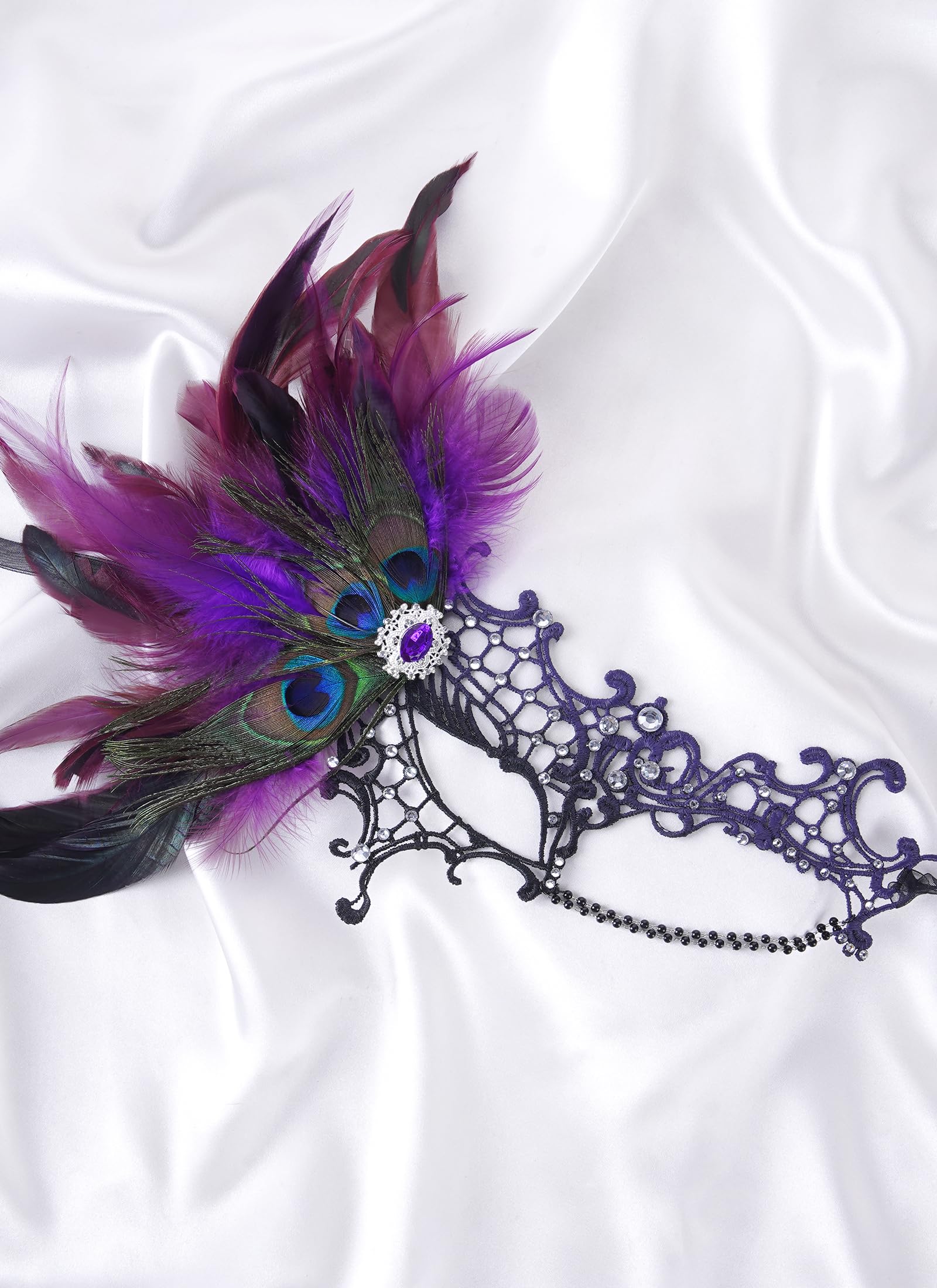 Zinniday Halloween Masquerade Masks for Women - 2026 Peacock Feather Lace Mask 1920s Venetian Eyemask for Party: Black Purple