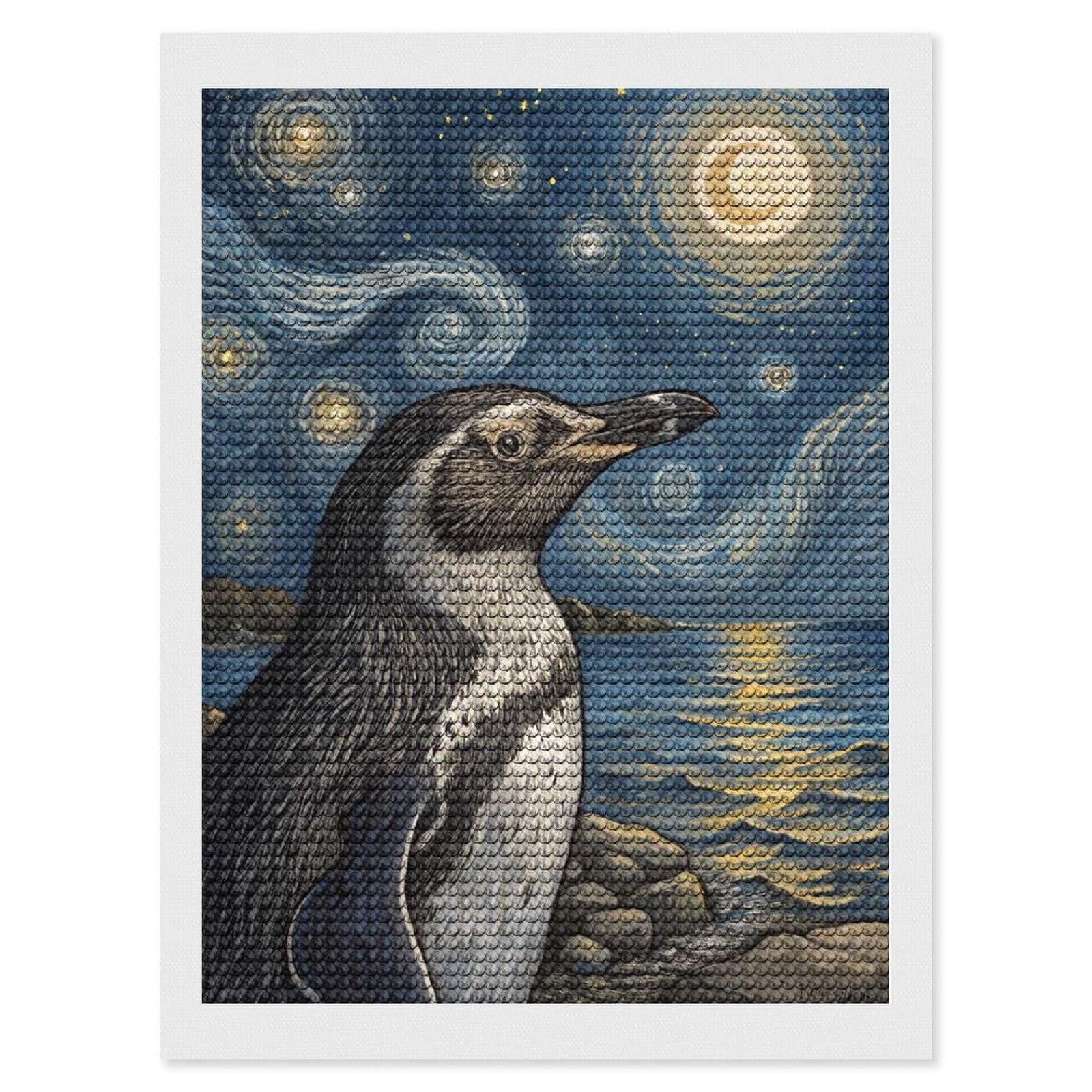 Junmoney Penguin Under Starry Night Sky Diamond Art Kit 12"x16", Gift Idea, for Family Craft Time, Mindful Craft Activity, Boho Decor, Relaxing DIY Hobby