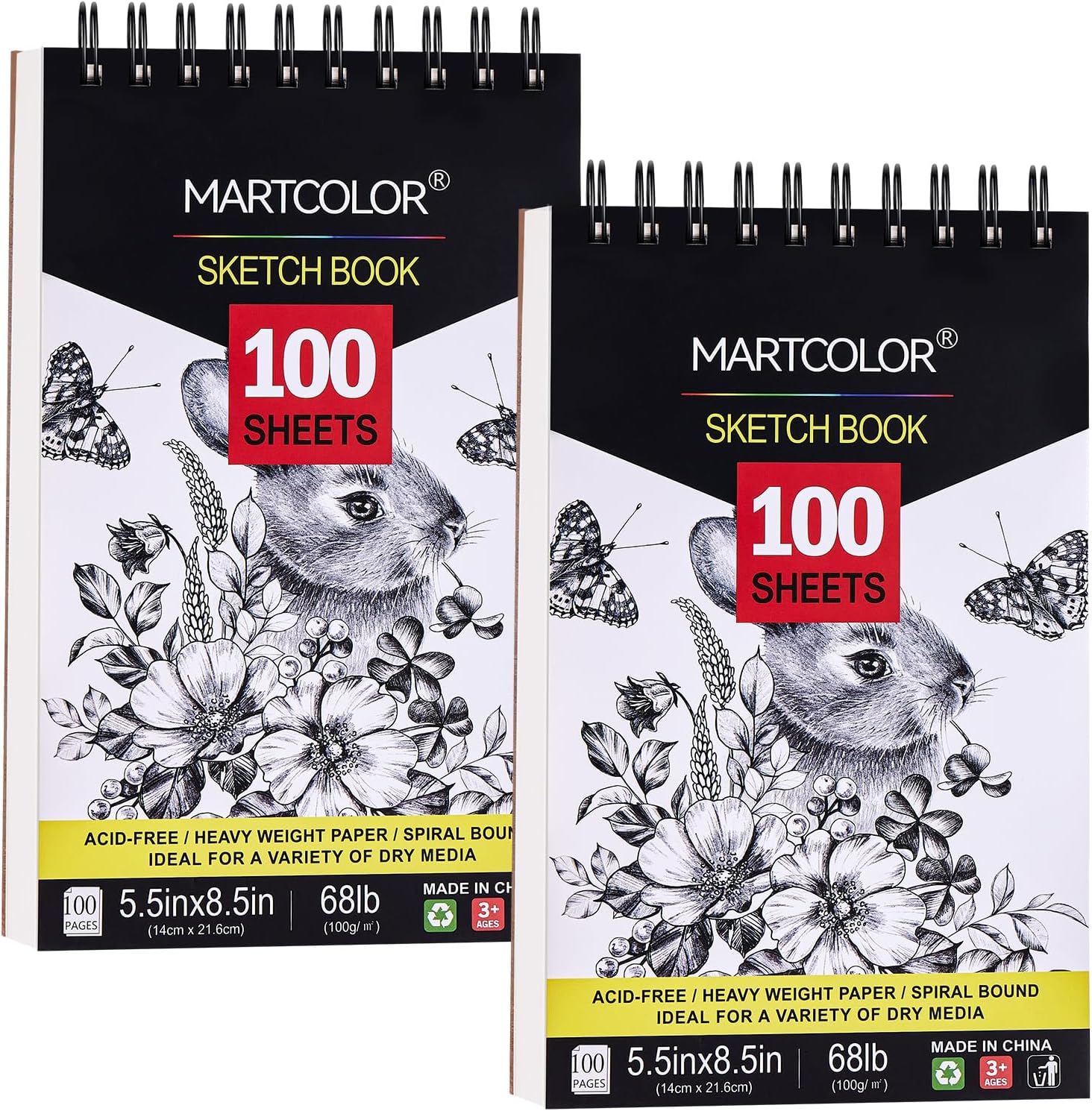 MARTCOLOR 5.5X8.5” Premium Sketch Book Set, 2 Pack, 100 Sheets(68 lb/100gsm) Sketchbook, Spiral Bound, Acid-Free Drawing Paper, Artist Sketch Pad for Kids Beginners Artists, Perfect for Most Dry Media 5.5x8.5 Inch (Pack of 2)