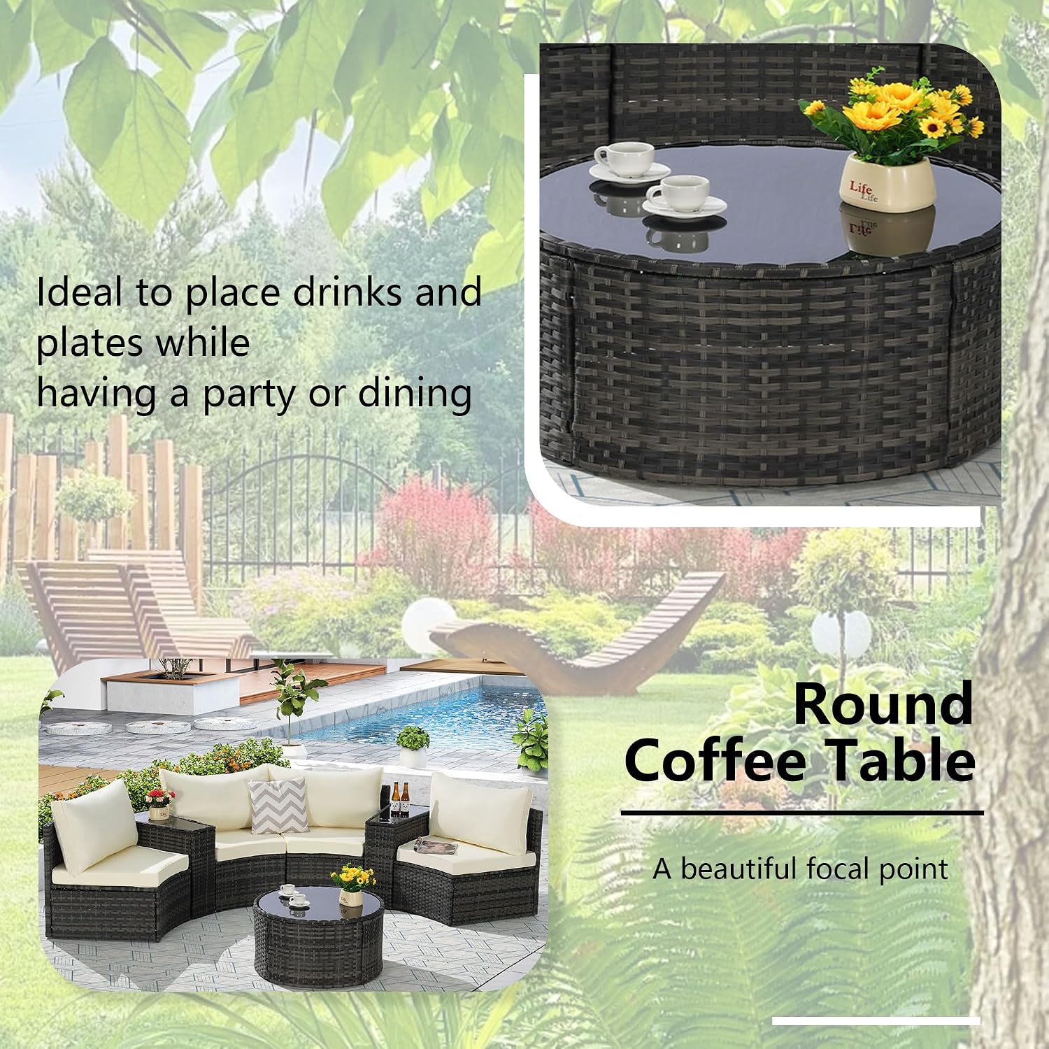 Outdoor Patio Half-Moon Furniture Set 7-Piece Sectional Round Patio Sofa Set,Wicker Curved Conversation Set with Tempered Glass Coffee Table for Porch,Backyard