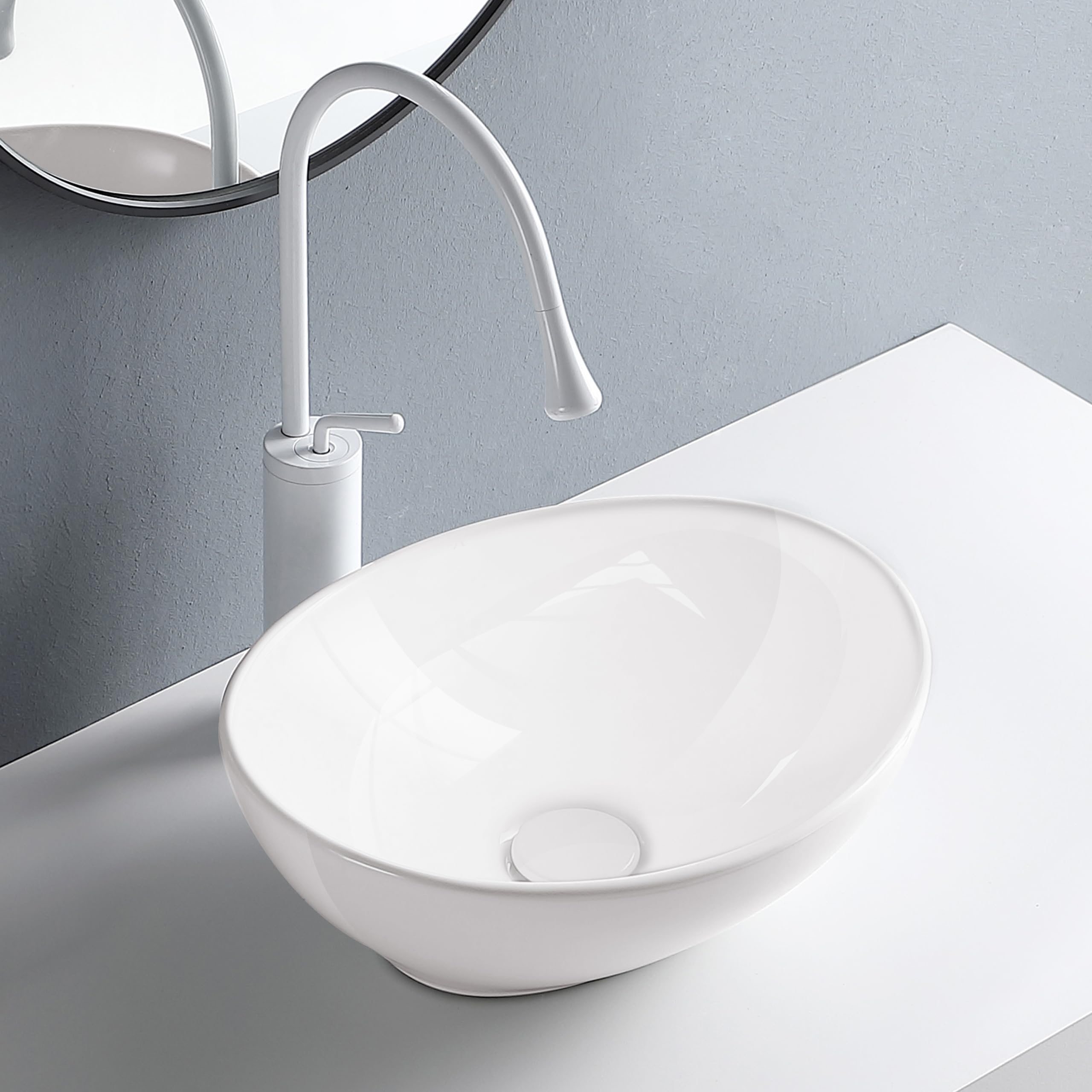 AQUAUNO GOYA Lavabo Ovalado de Cerámica Blanca 42 x 33 cm sin Orificio para Grifo y Rebosadero para Baño y Aseo de Invitados