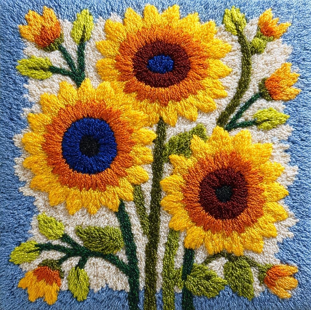 Henypt 43x43cm Latch Hook Rug Kit,Sunflower Flowers Beginner DIY Crochet Craft Set,Soft Yarn Cushion Kit for Living Room Sofa Decoration