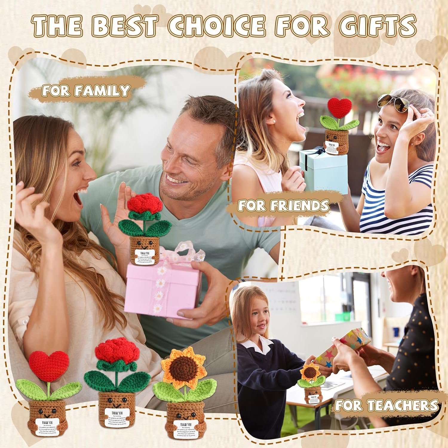 Thank You Gift Positive Crochet Flower Heart Plant Emotional Support Christmas Sunflower Inspirational Handmade Knitted Doll with Appreciation Card Motivational Present for Teacher Thanksgiving Home - Image 6