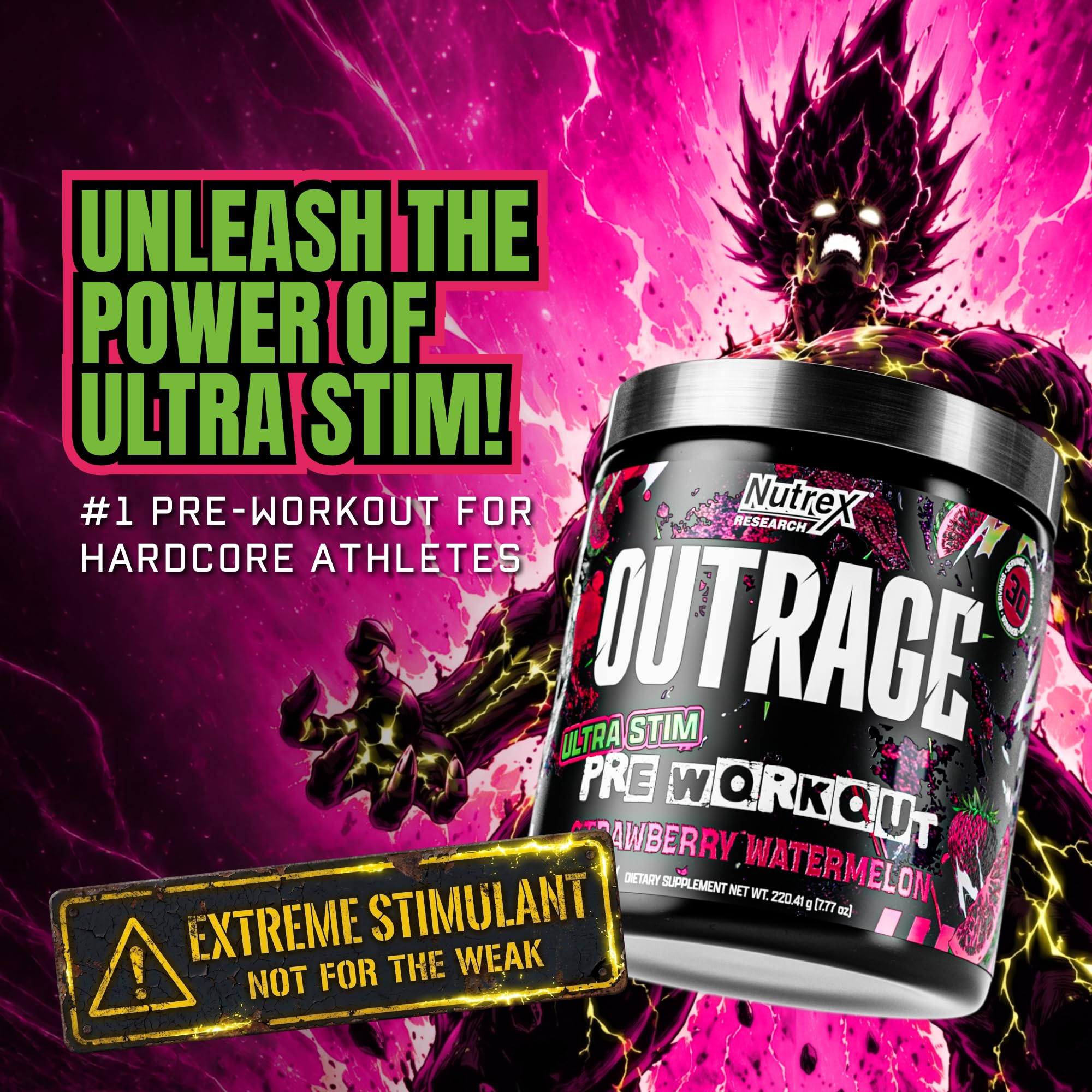 Outrage Ultra HIGH STIM Pre-Workout Powder for Men | 400mg Caffeine, L-Citrulline, Beta-Alanine, Creatine | Extreme Energy, Focus, Strength & Endurance (30 Servings, Strawberry Watermelon) — Amazon image 2